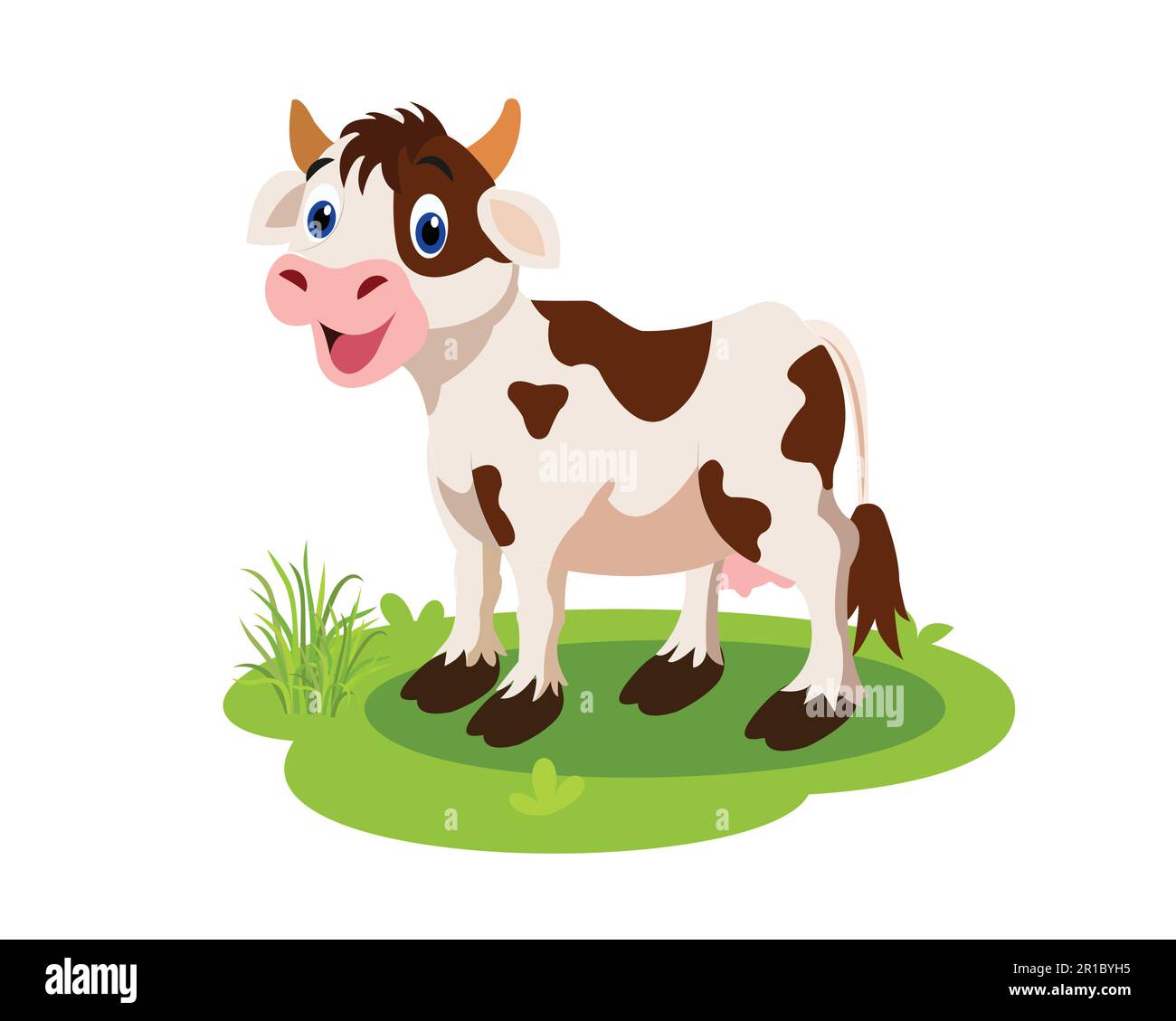 Süße Cartoon-Kuh, die auf Gras steht. Handgezeichnetes Vektorbild der Kuh auf weißem Hintergrund. Isolieren Sie das Bild vom Hintergrund und verwenden Sie es für Kinder alphat Stock Vektor