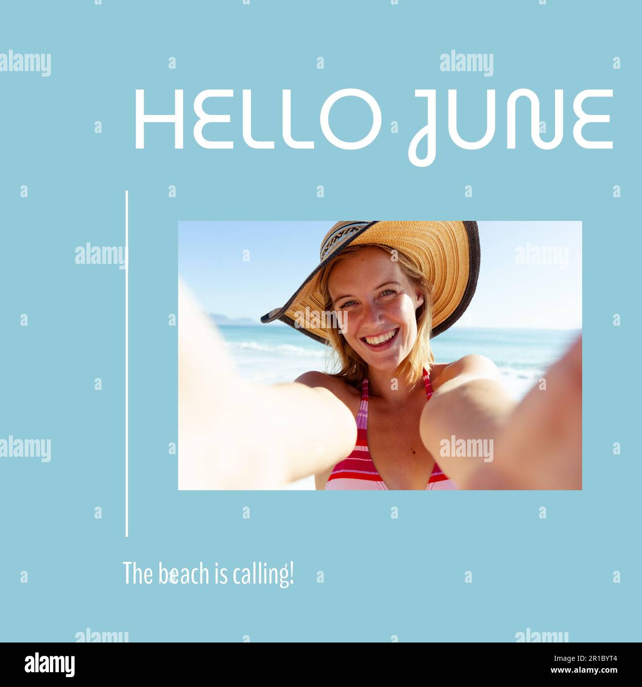 Composite von Hallo june, der Strand ruft Text und Porträt von glücklicher weißer Frau mit Hut Stockfoto