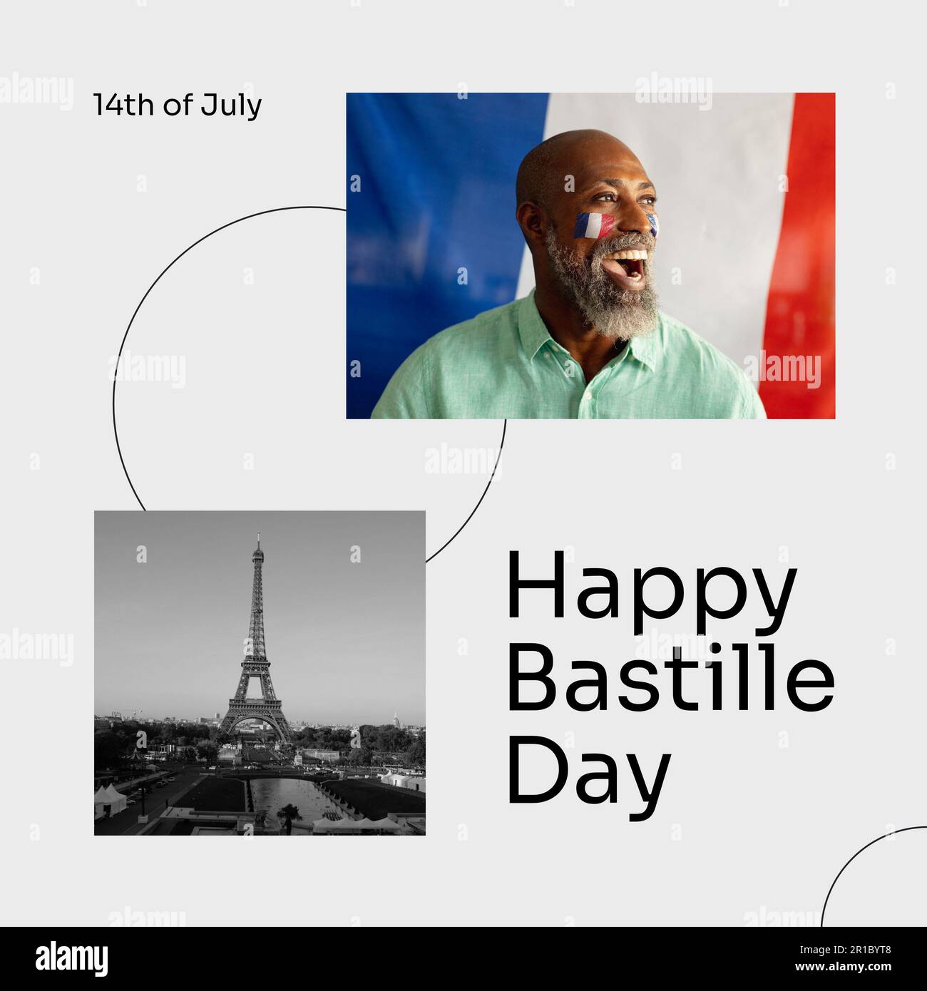 Text zum bastille-Tag über afroamerikanischem Mann mit Fahnen von frankreich und eiffelturm Stockfoto
