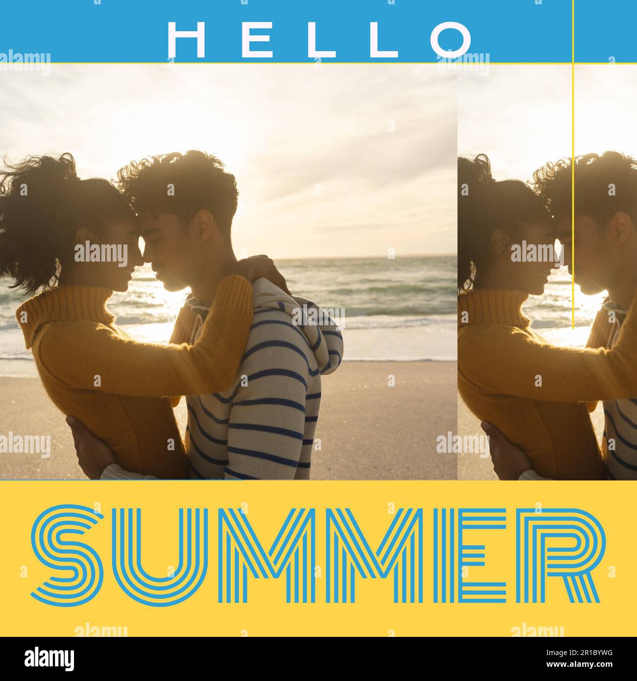 Komposition des Hallo-Sommertextes über ein birassisches Paar, das sich am Strand liebt Stockfoto