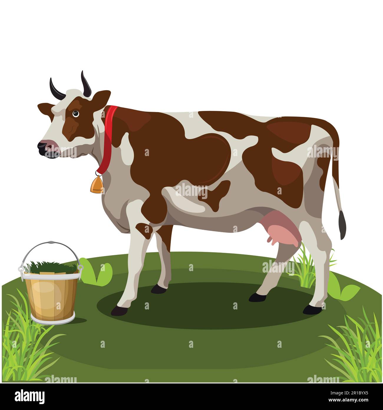 Süße Cartoon-Kuh, die auf dem Gras steht. Vektorbild der Kuh auf weißem Hintergrund. Isolieren Sie das Bild vom Hintergrund, und verwenden Sie das Alphabet kearn für Kinder Stock Vektor