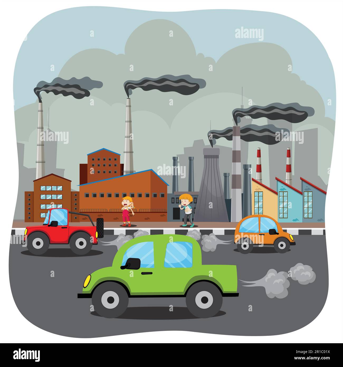 Luftverschmutzungskonzept mit Fabrik- und Kohlendioxidvektordarstellung. Straßenrauch, Rauch in Fabriken und Kohlendioxidwolken in der Industrie. Fahrzeug Stock Vektor