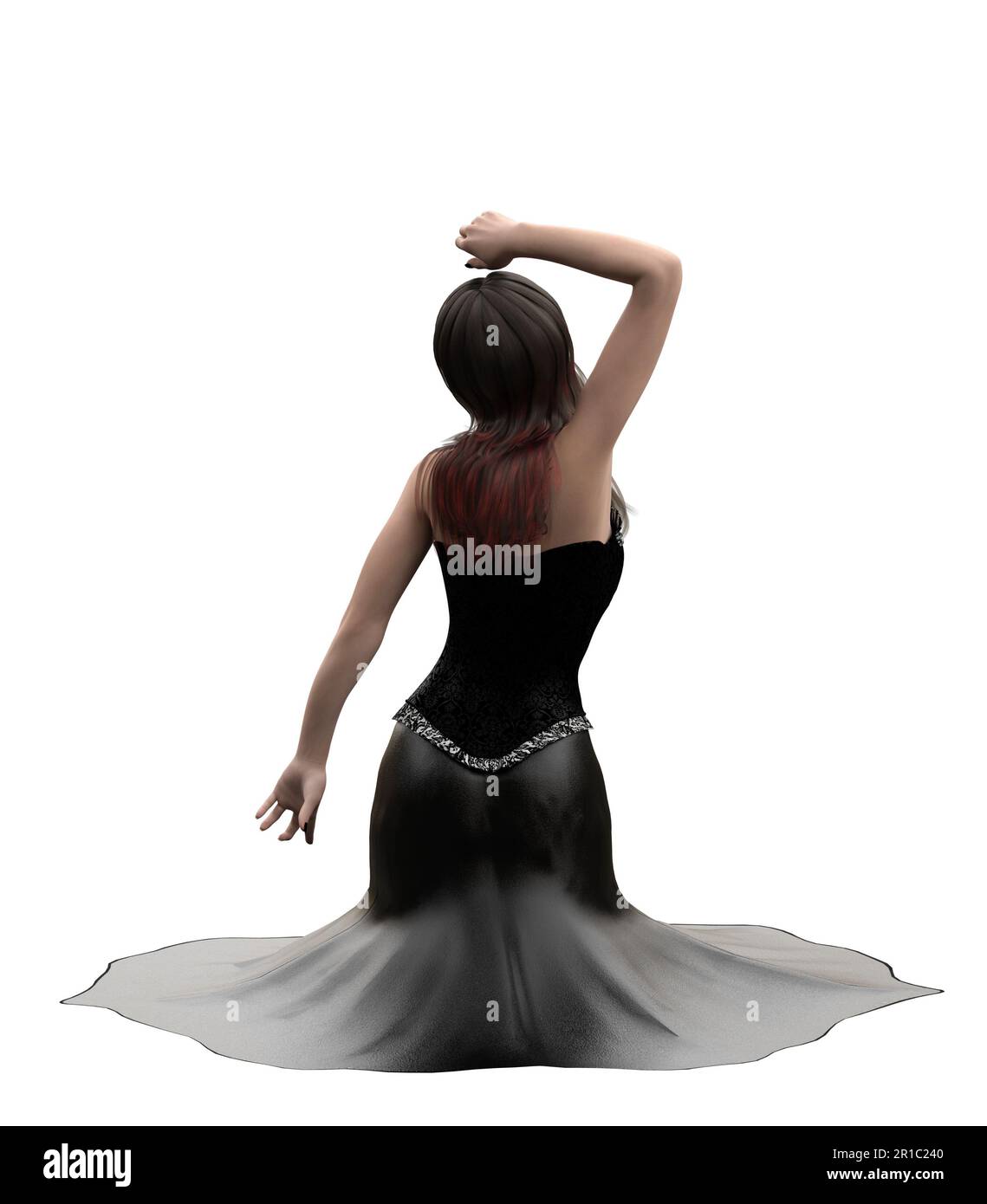 Gotische Asiatin trägt schwarzes Kleid mit Korsett, Illustration 3D. Stockfoto