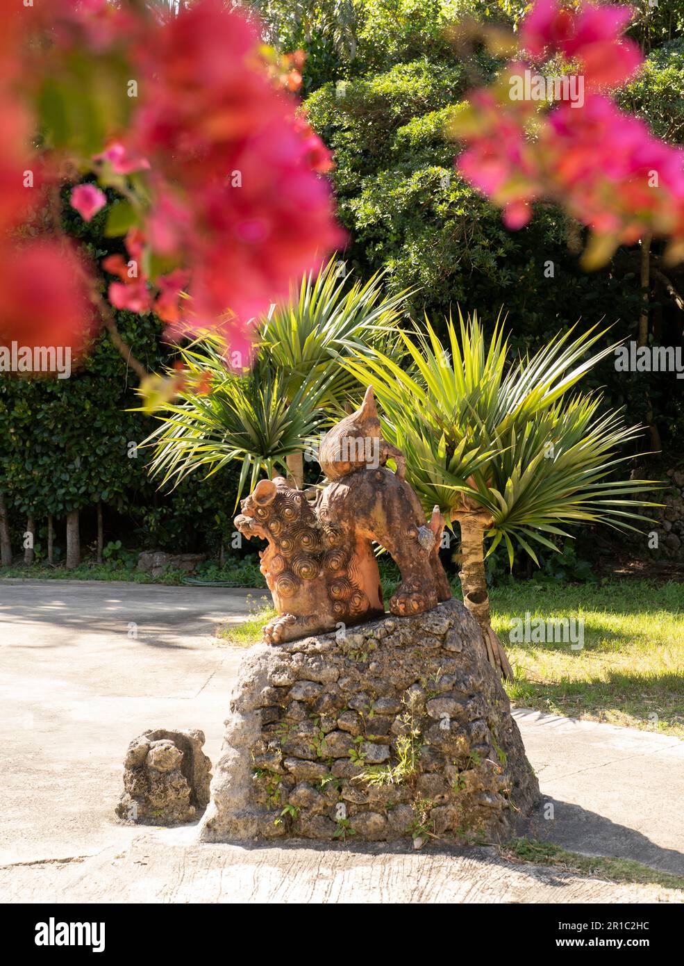 Okinawa-Shisa-Statue mit rosa Bougainvillea im Yomitan Village, Okinawa Stockfoto