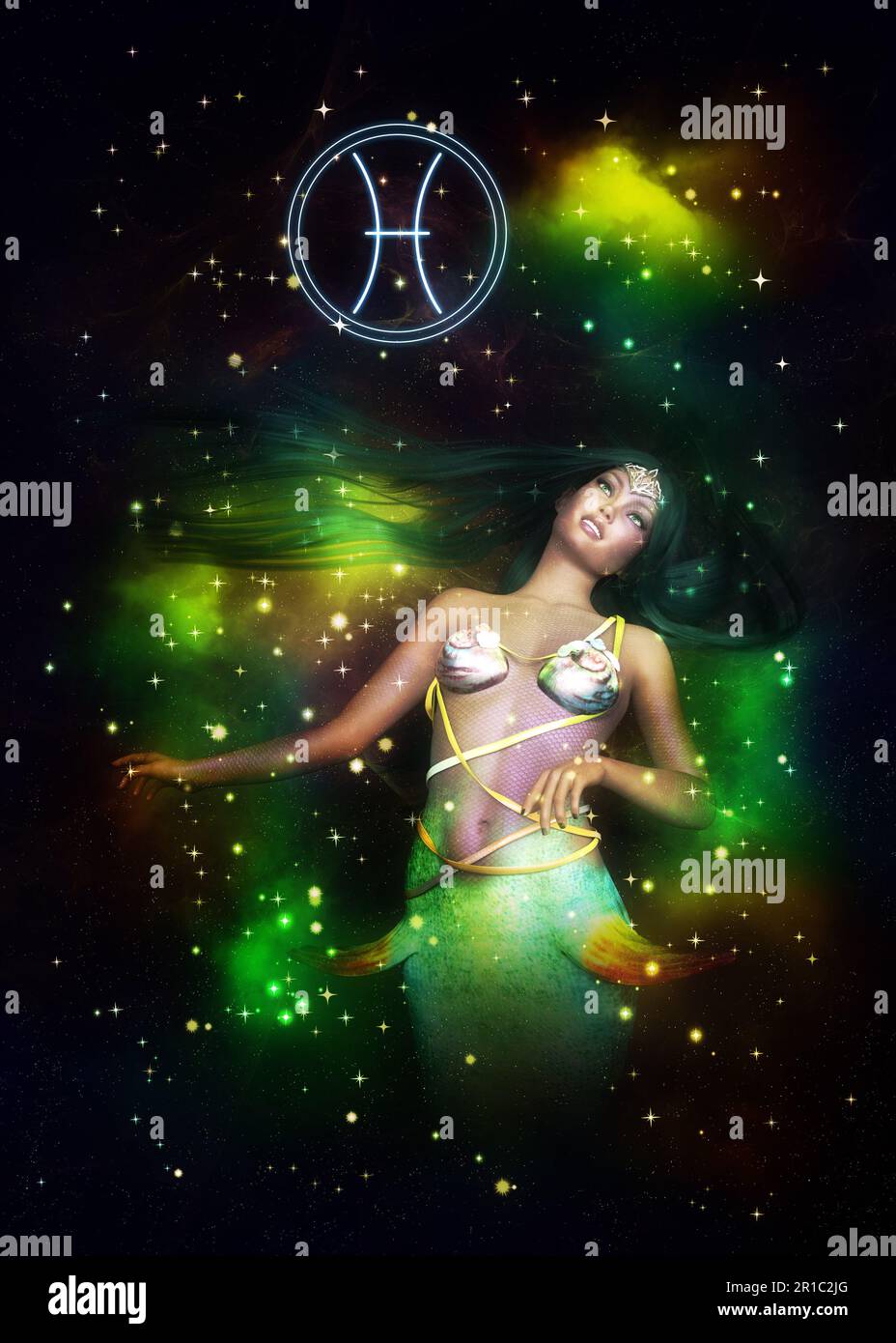 Fantasy-Sternenraum und Meerjungfrau-Mädchen, Pisces-Zodiac-Zeichen, 3D-Abbildung. Stockfoto