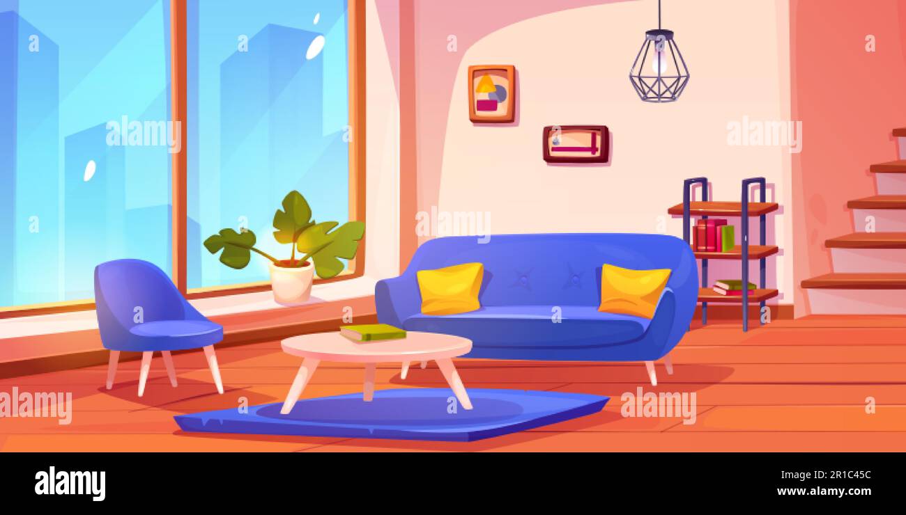 Wohnzimmer im Haus in der Nähe von Treppen-Cartoon-Hintergrund. Flurhaus Apartment Innenmöbel Design mit Stadtblick aus dem Fenster. Blau, stilvoll und luxuriös Stock Vektor