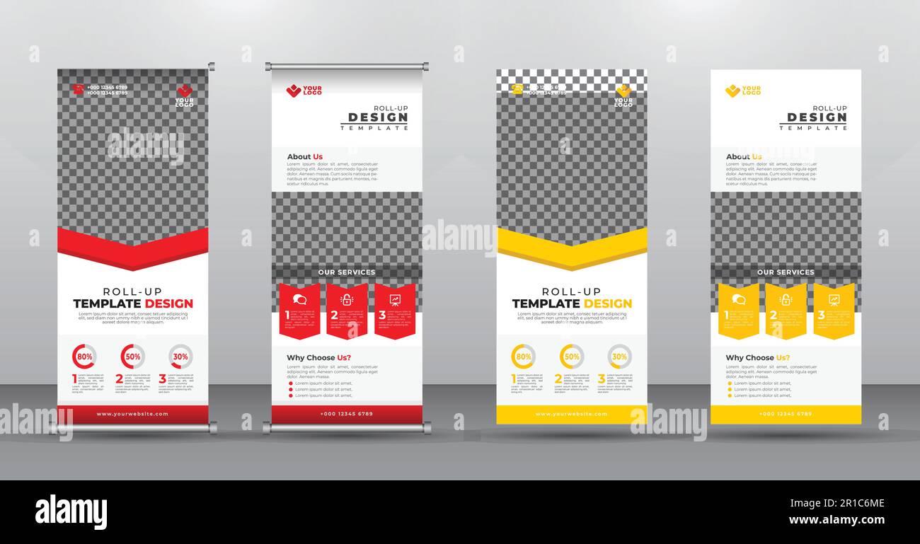 Rote und gelbe Rollup-Up-Bannervorlage für vertikales Werbedesign. vektor, abstrakter geometrischer Hintergrund, modernes X-Banner und Flaggenbanner. Stock Vektor