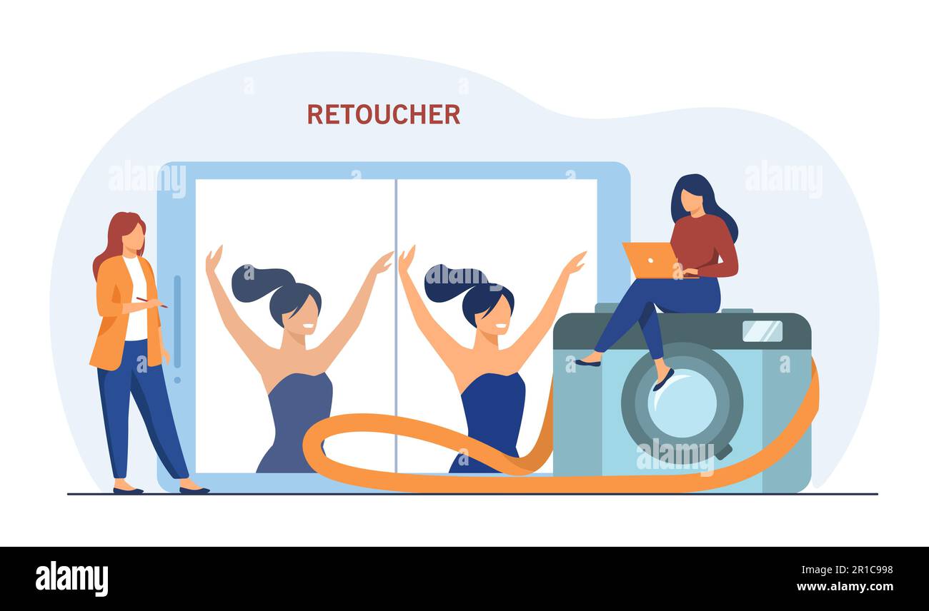 Weibliche Retucherin, die Bilder auf dem Laptop bearbeitet Stock Vektor