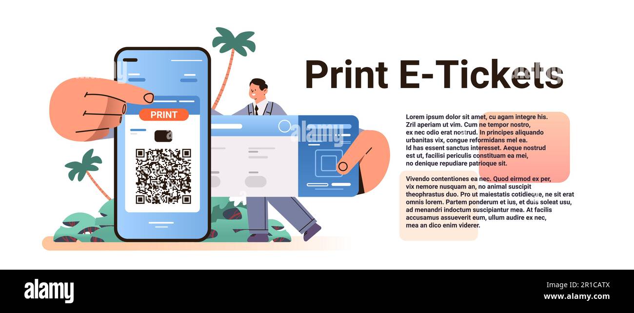 Mann druckt E-Tickets über mobile App Online-Buchung Suche nach Flugservicekonzept horizontal Stock Vektor