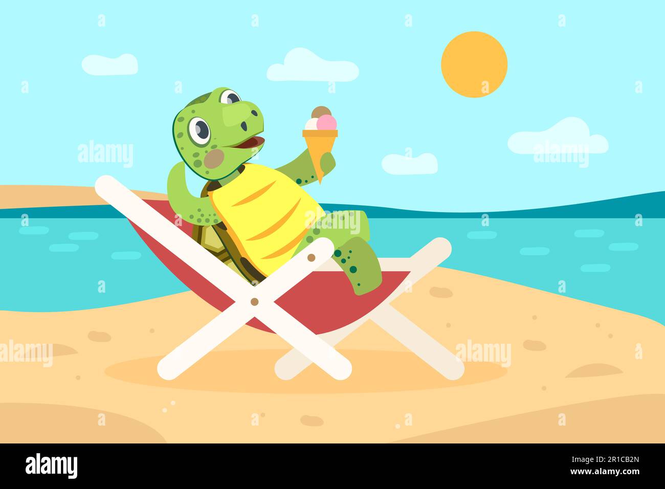 Fröhliche Schildkröte, die sich am Meeresstrand mit Eis entspannt Stock Vektor