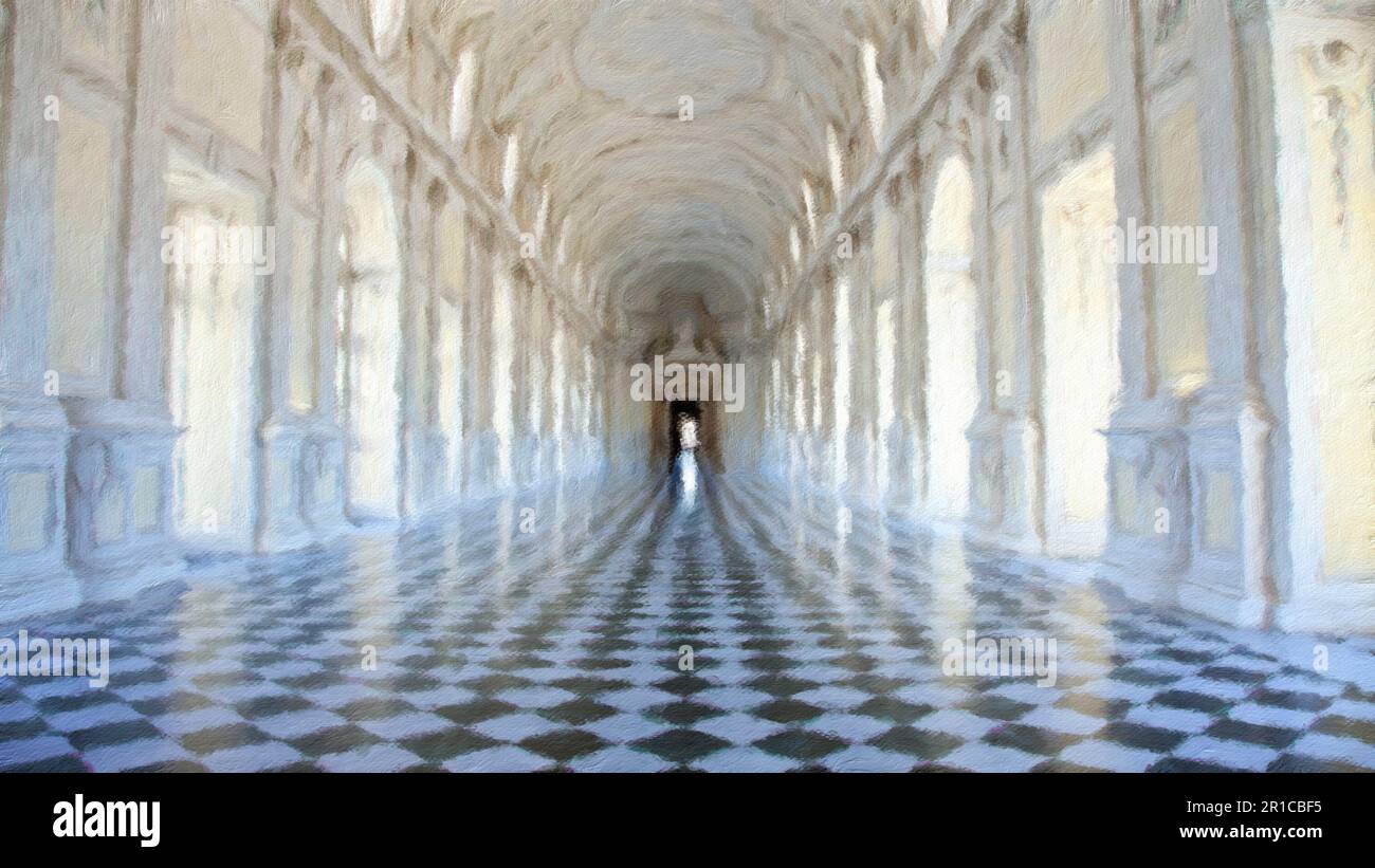 Kreative Illustration der Galerie Reggia di Venaria reale - Italien. Luxuriöse Marmor im barocken Königspalast Stockfoto