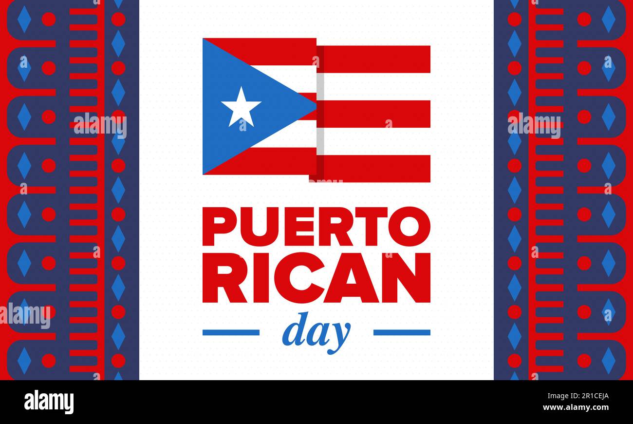 Puerto-Ricanischer Tag. Landesweite frohe Feiertage. Festival und Parade zu Ehren der Unabhängigkeit und Freiheit. Puerto-Rico-Flagge. lateinamerikanisch. Vektorposter Stock Vektor