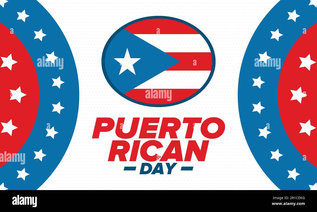 Puerto-Ricanischer Tag. Landesweite frohe Feiertage. Festival und Parade zu Ehren der Unabhängigkeit und Freiheit. Puerto-Rico-Flagge. lateinamerikanisch. Vektorposter Stock Vektor