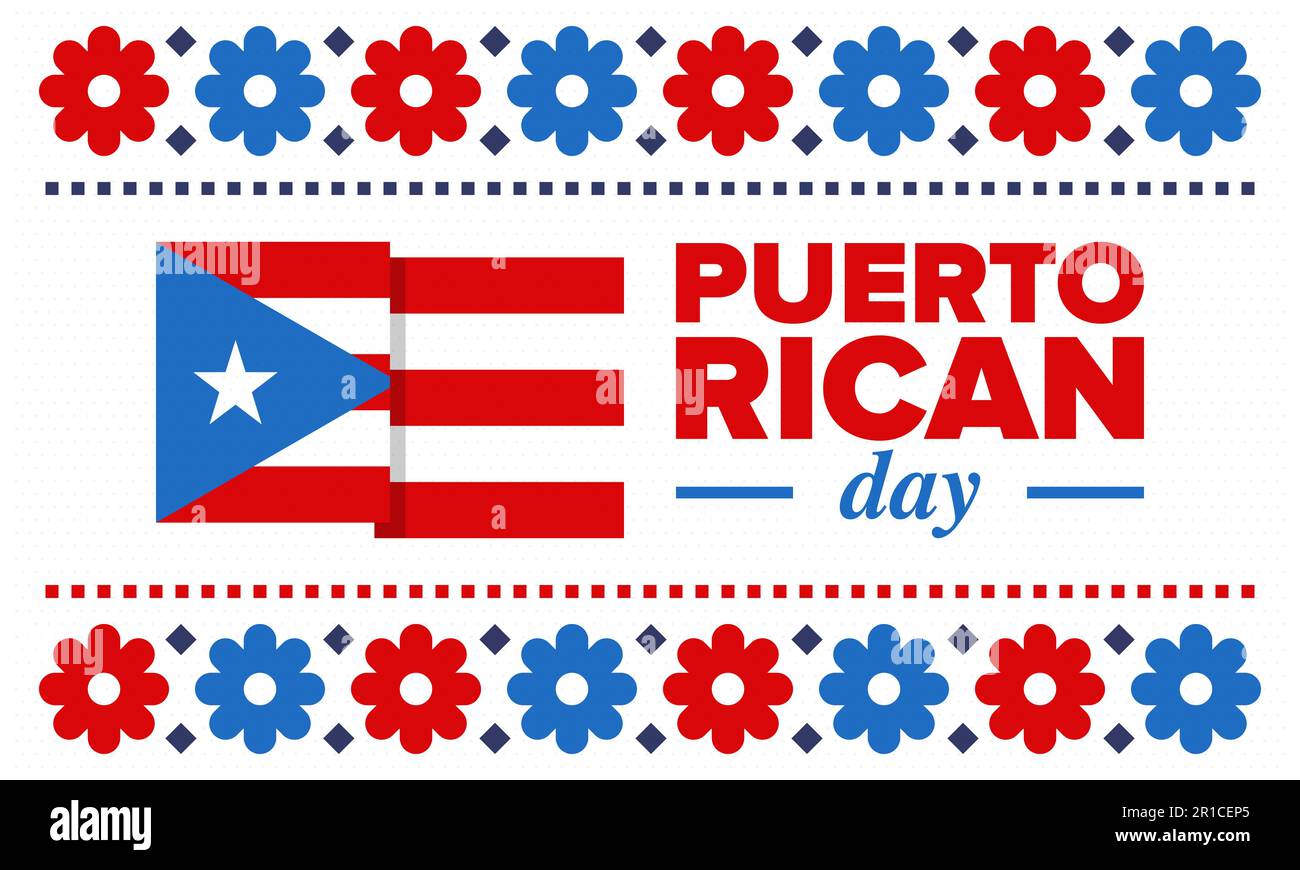 Puerto-Ricanischer Tag. Landesweite frohe Feiertage. Festival und Parade zu Ehren der Unabhängigkeit und Freiheit. Puerto-Rico-Flagge. lateinamerikanisch. Vektorposter Stock Vektor