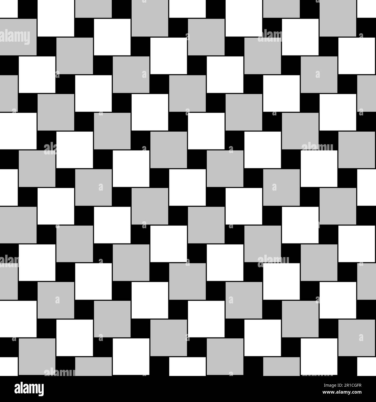 Quadratisches Muster, nahtlose Fliese, mit geometrisch-optischer Täuschung. Speziell angeordnete Quadrate, die nicht mehr horizontal ausgerichtet und verdreht erscheinen. Stockfoto