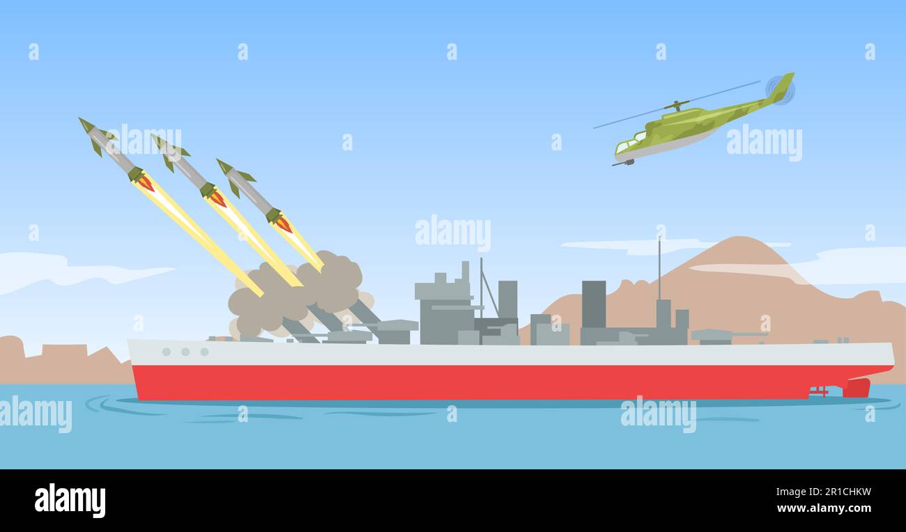 Kriegsschiff schießt auf Raketen Stock Vektor
