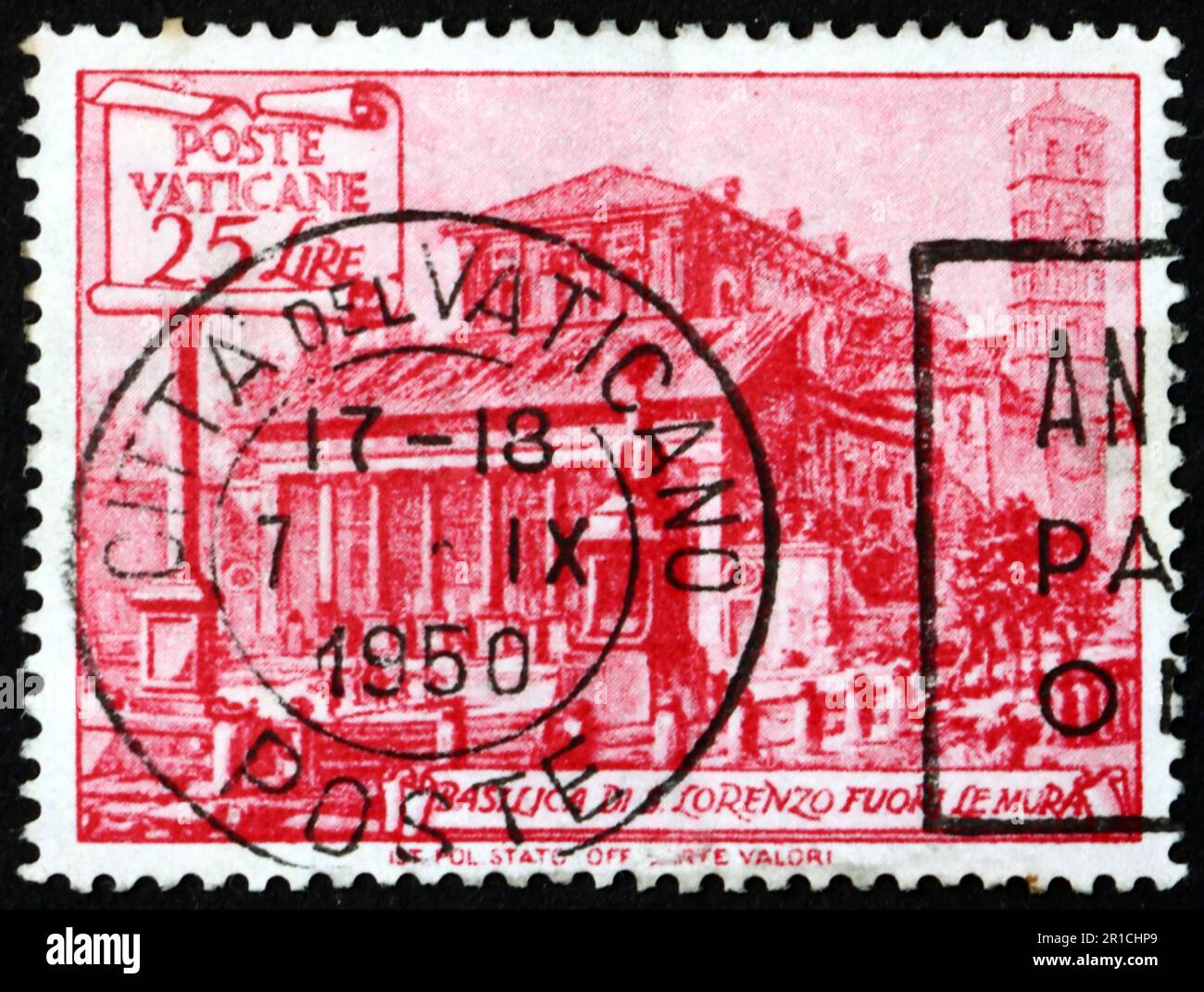 VATIKAN - CA. 1949: Eine im Vatikan gedruckte Briefmarke zeigt die Basilika St. Lawrence, etwa 1949 Stockfoto