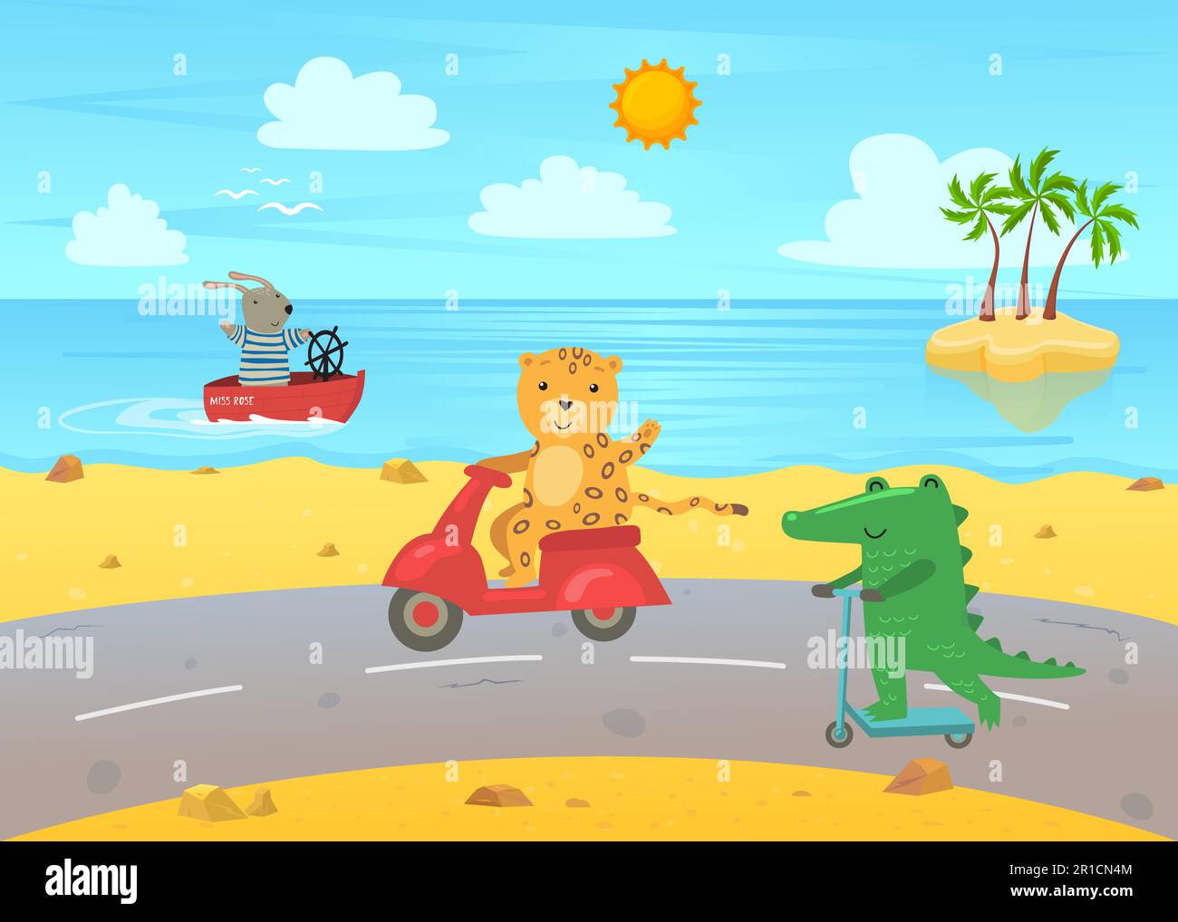 Cartoontiere auf dem Transport im Sommerhintergrund Stock Vektor