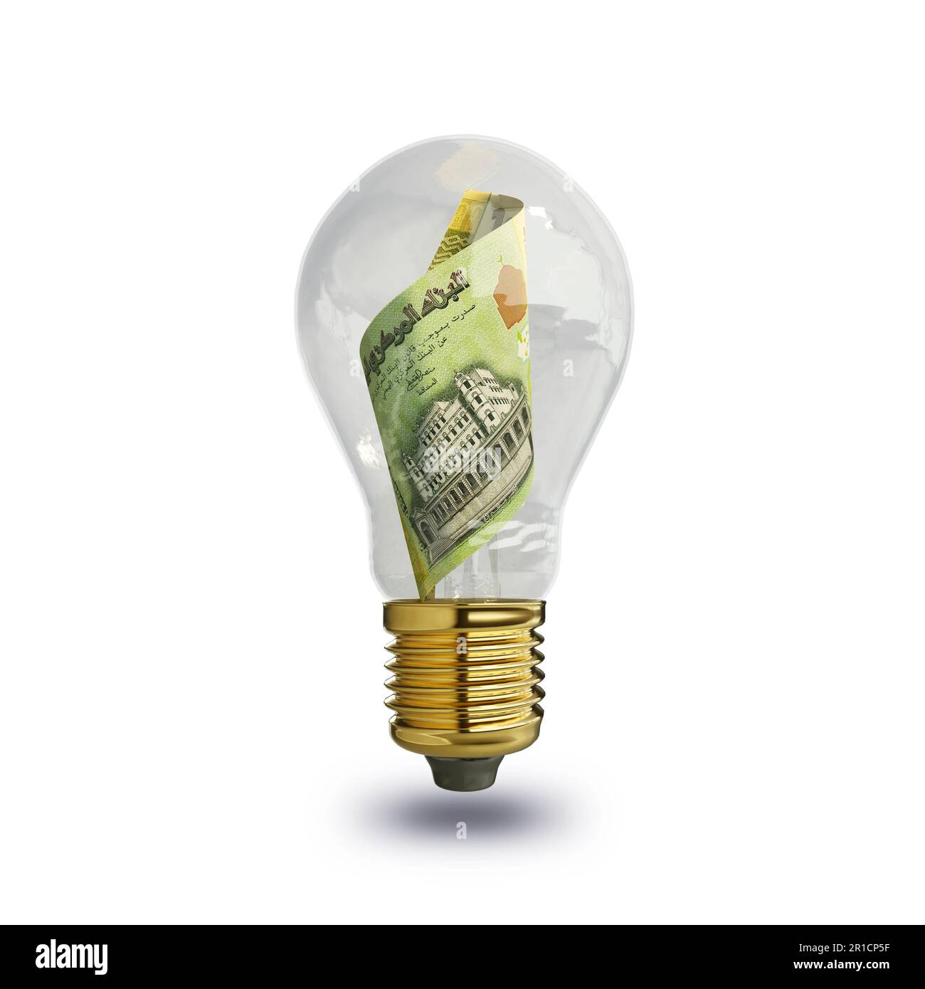 3D-Wiedergabe der jemenitischen Rial Note in transparenter Glühbirne isoliert auf weißem Hintergrund, kreatives Denken. Geld verdienen, indem man Probleme löst. Idee Stockfoto