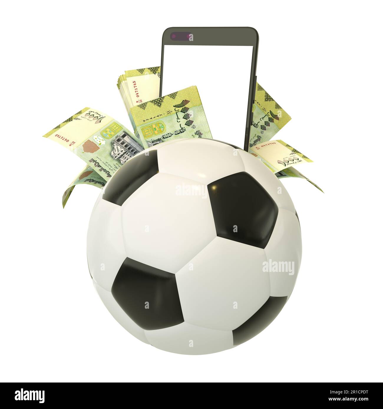 3D-Rendering von jemenitischen Rial-Notizen und Telefon hinter dem Fußball. Sportwetten, Fußballwetten, Konzept isoliert auf weißem Hintergrund. Modell Stockfoto