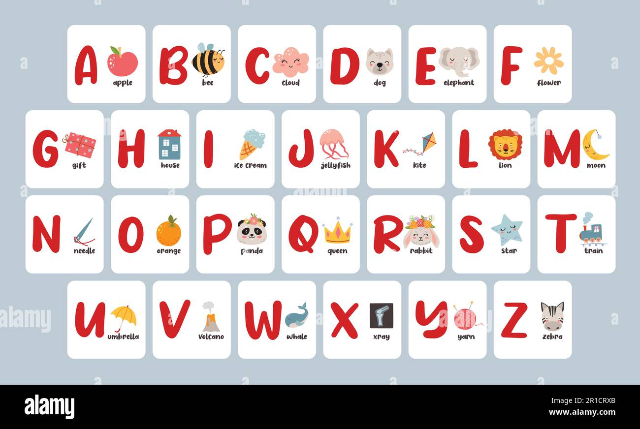 Alphabet-Karten aus dem Vintage-Cartoon. Lernspaß ABC mit Kindern, pädagogisches Poster mit Buchstaben und niedlichen Illustrationen für das Kinderzimmer und die Schule Stock Vektor