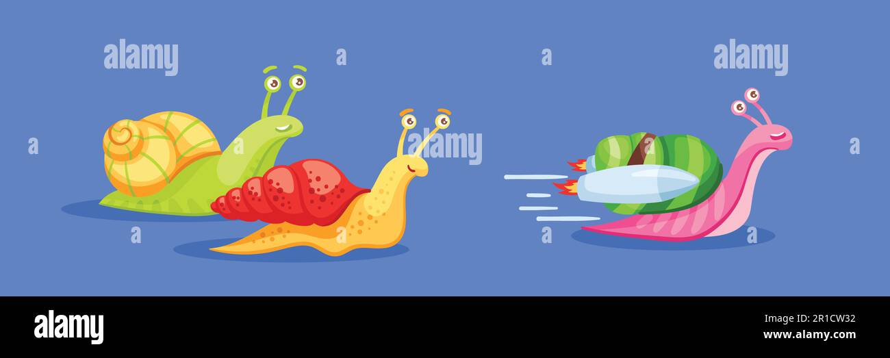 Cartoon-Schneckenrennen-Anführer. Langsam fahrende Schnecken, Turborakete, schnell beschleunigte glückliche Schnecke. Vektordarstellung des Advantage-Konzepts Stock Vektor