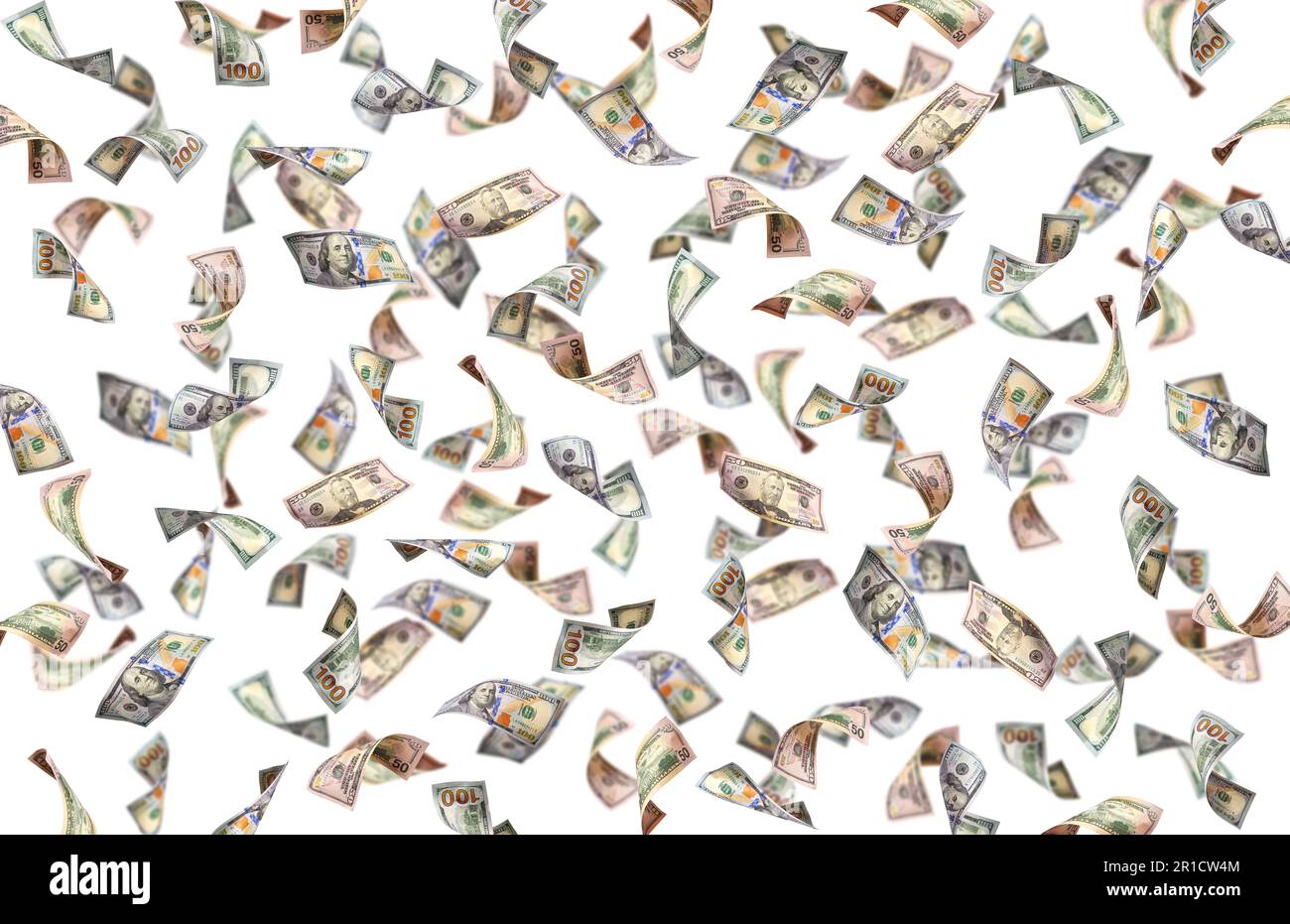 Ich fliege viele-Dollar-Banknoten auf weißem Hintergrund Stockfoto