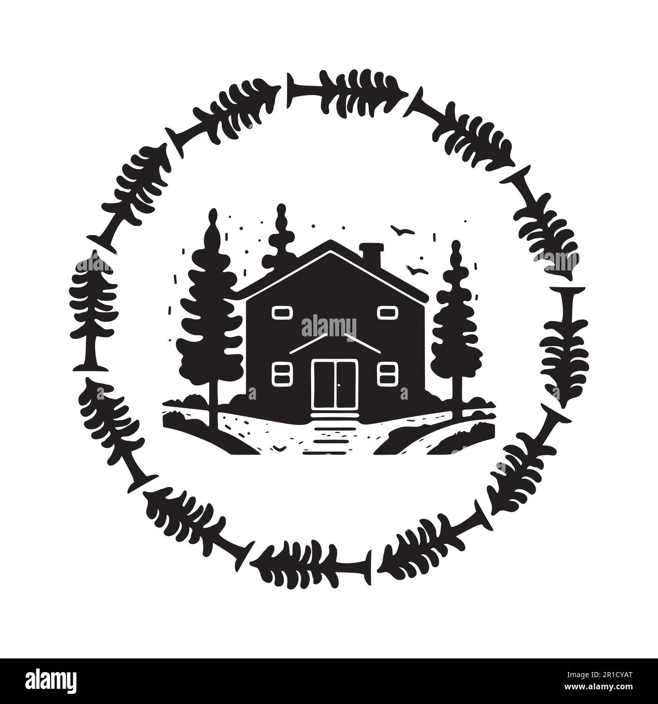 Holzkabine in scandi Linocut-Vektordarstellung. Alpenhütte im Landurlaub Dorf Cartoon. Stock Vektor