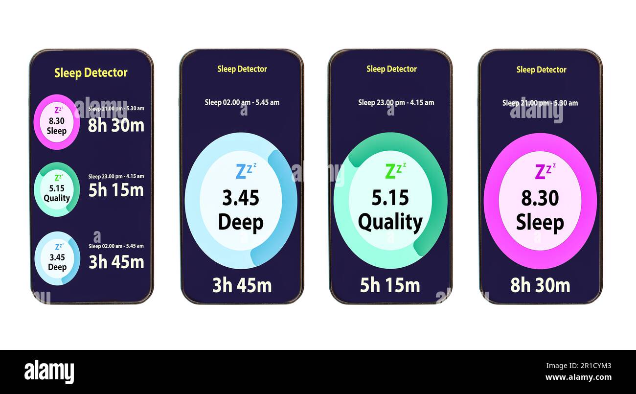 Smartphones verfügen über einen Monitor für die Schlaffunktion. Der Bildschirm des mobilen Geräts überwacht den Zustand. Konzept des Einsatzes von Technologie zur Gesundheitsfürsorge durch den Einsatz von Stockfoto