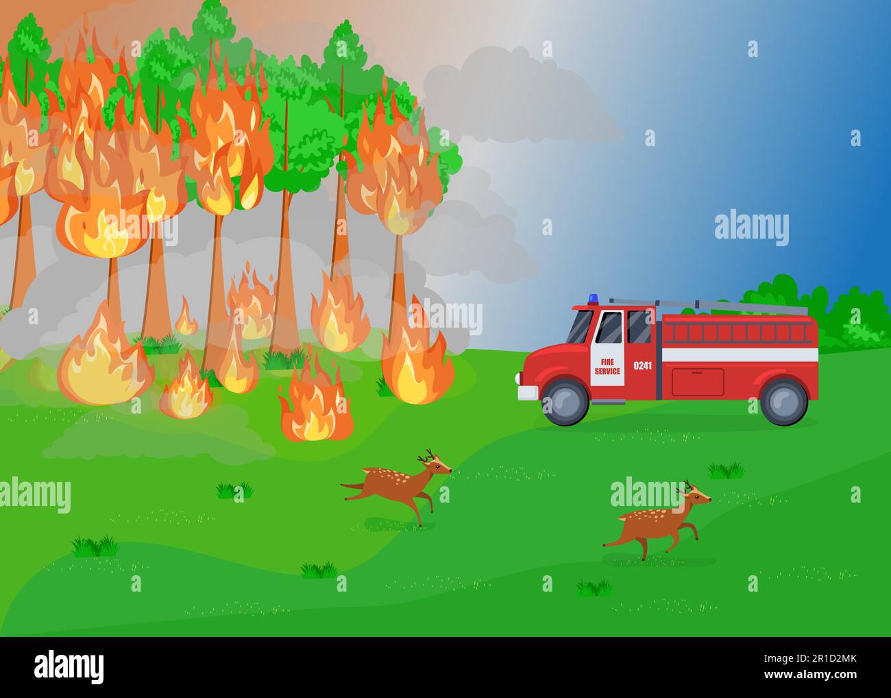 Cartoon-Feuerwehr und Waldbrände-Illustration Stock Vektor