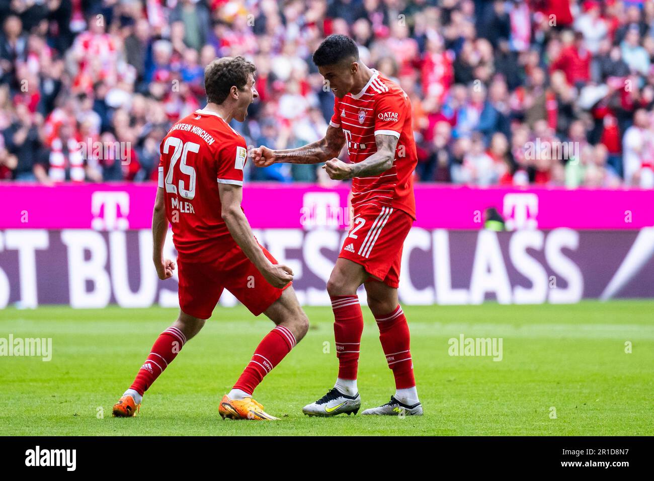 München, Deutschland. 13. Mai 2023. Fußball: Bundesliga, Bayern München - FC Schalke 04, Spieltag 32, Allianz Arena. Münchens Thomas Müller (l) feiert mit dem Münchner Joao Pedro Cavaco Cancelo (r) nach seinem Ziel für 1:0. Kredit: Tom Weller/dpa - WICHTIGER HINWEIS: Gemäß den Anforderungen der DFL Deutsche Fußball Liga und des DFB Deutscher Fußball-Bund ist es verboten, im Stadion aufgenommene Fotos und/oder das Spiel in Form von Sequenzbildern und/oder videoähnlichen Fotoserien zu verwenden oder verwenden zu lassen./dpa/Alamy Live News Stockfoto