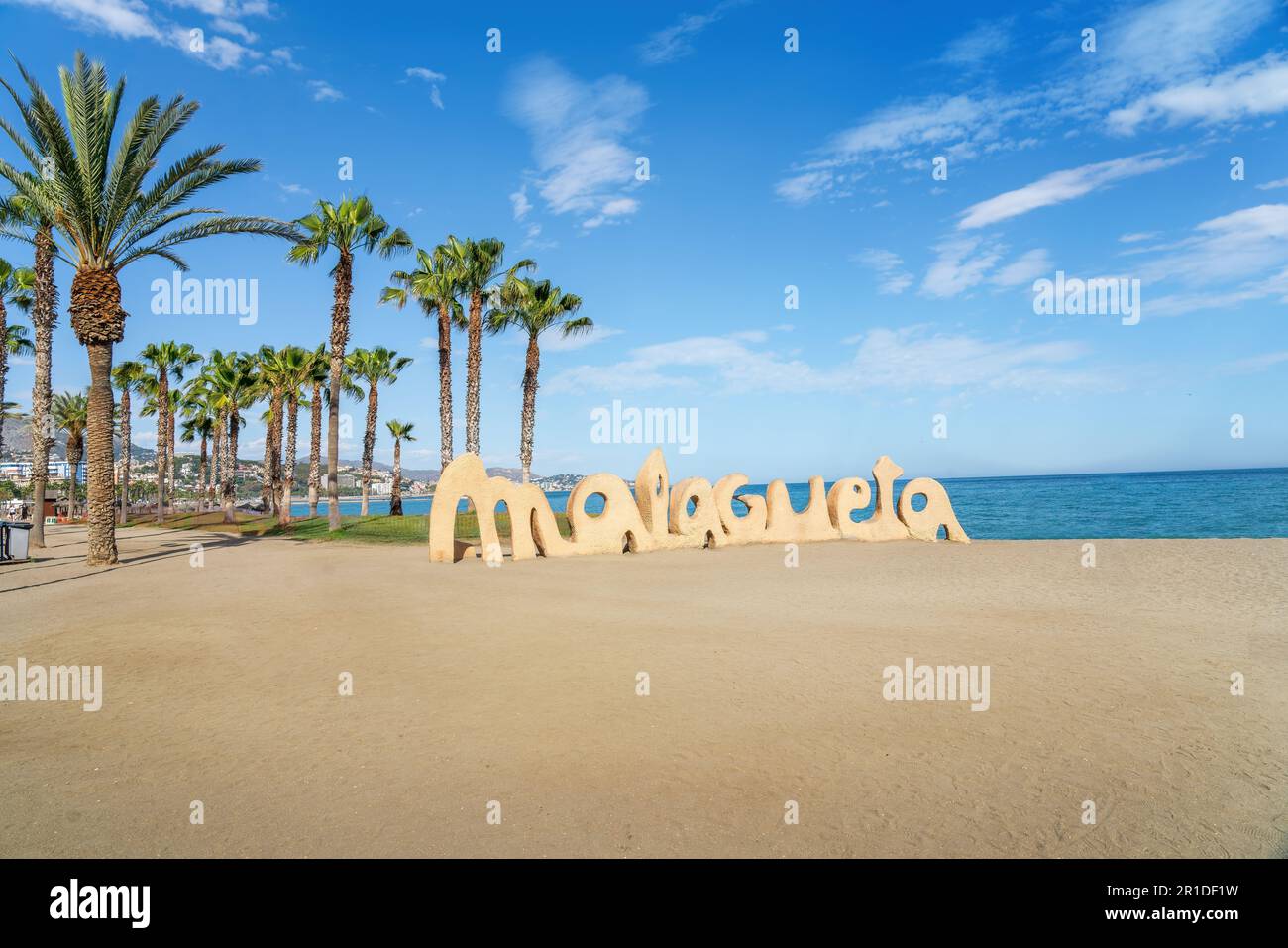 Strandschild La Malagueta - Malaga, Andalusien, Spanien Stockfoto