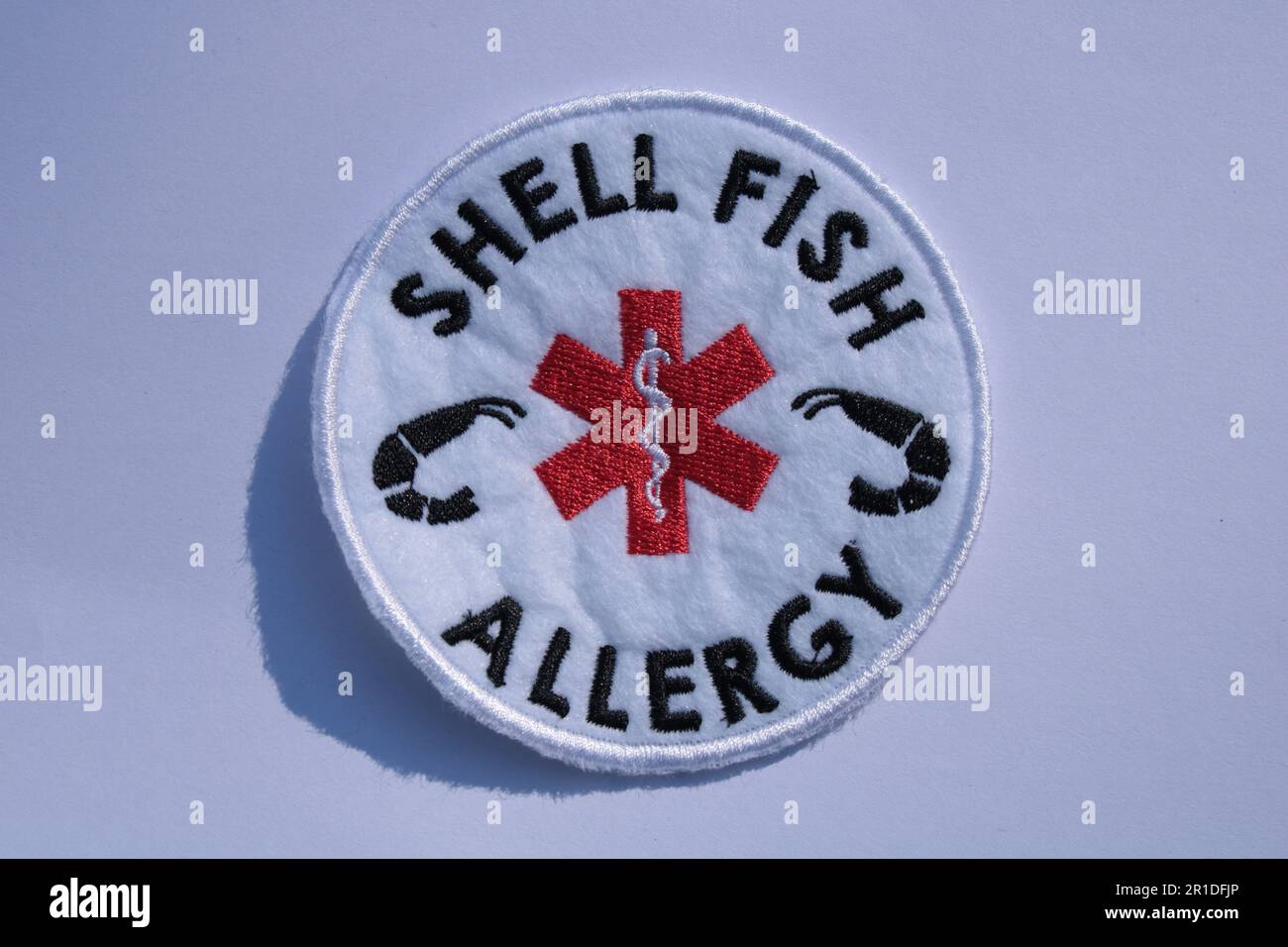 Shell Fish Allergie-Aufnäher auf einem einfarbigen Hintergrund mit Kopierbereich. Lancashire, Vereinigtes Königreich, 13-05-2023 Stockfoto