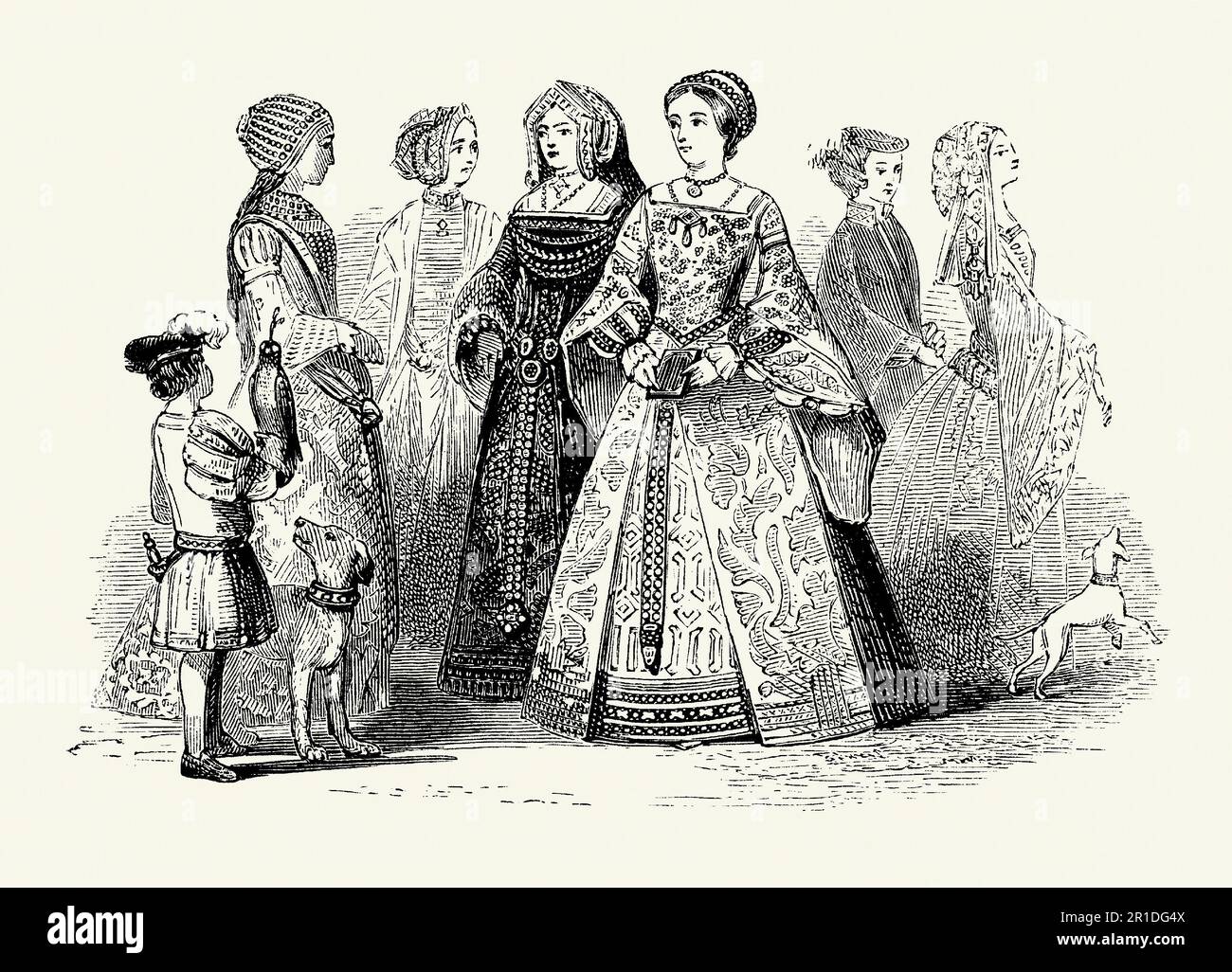 Eine alte Gravur von Kleidung, die Frauen in der Tudor Times in England trugen. Der Kleidungsstil stammt aus der ersten Hälfte des 16. Jahrhunderts während der Herrschaft von Edward VI (1509-1547). Damenbekleidung war oft mit langen Kleidern versehen, die oft mit Juwelen bestickt waren. Eckige Ausschnitte und lockere Ärmel zum Aufhängen waren beliebt. Für Frauen war das Haar oft geflochten. Die Maskenhalterung enthielt aufgestickte Hauben und Turbans. Diese Kleidung wäre von den Leuten in der Gesellschaft getragen worden, die Geld, Adel, Adel und andere, die mit dem königlichen Hof zu tun haben. Stockfoto