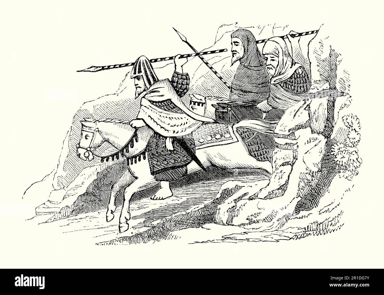 Eine alte Gravur irischer Reiter, die ihre Lanzen schwingen. 1600. Diese Kavallerie-Soldaten (oder Gallowbrillen) trugen robuste, gesteppte Umhänge oder Jacken und trugen manchmal Weidenschilde. Sie sind ohne Steigbügel auf ihren Pferden geritten. Stockfoto