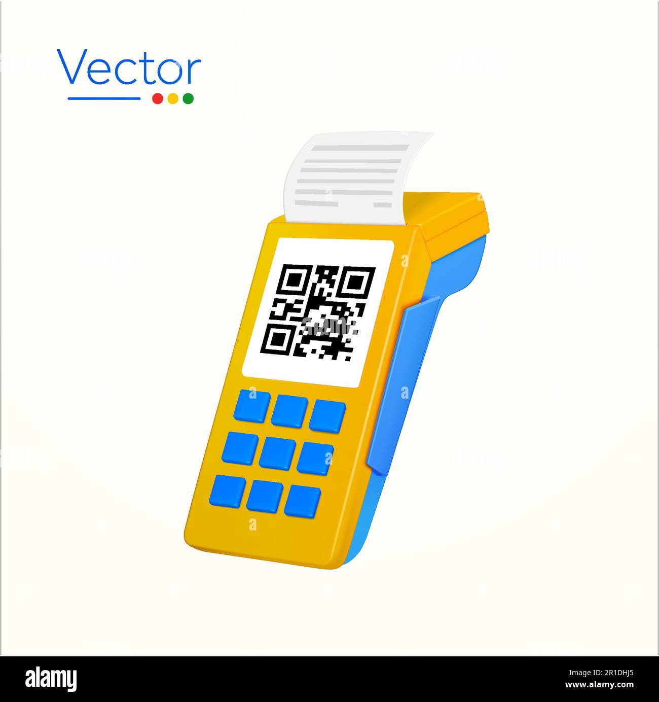 Endgerät mit 3D Positionen, QR-Code, Druckbeleg, isoliert auf weißem Hintergrund. Designkonzept für Karten-, bargeldlose, drahtlose Bezahlung, Einzelhandel, Kassierer, Handel. 3D-Vektordarstellung. Vektordarstellung Stock Vektor