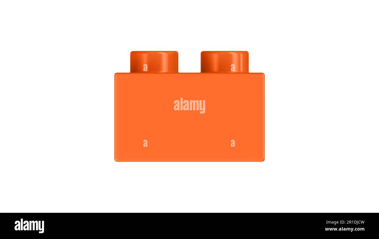 Leuchtend orangefarbener Lego-Block isoliert auf weißem Hintergrund. Nahaufnahme eines Plastik-Kinderspielsteins für Baumeister, Seitenansicht. Hochwertiges 3D-Rendering mit Arbeitspfad. 8K Ultra HD, 7680 x 4320 Stockfoto