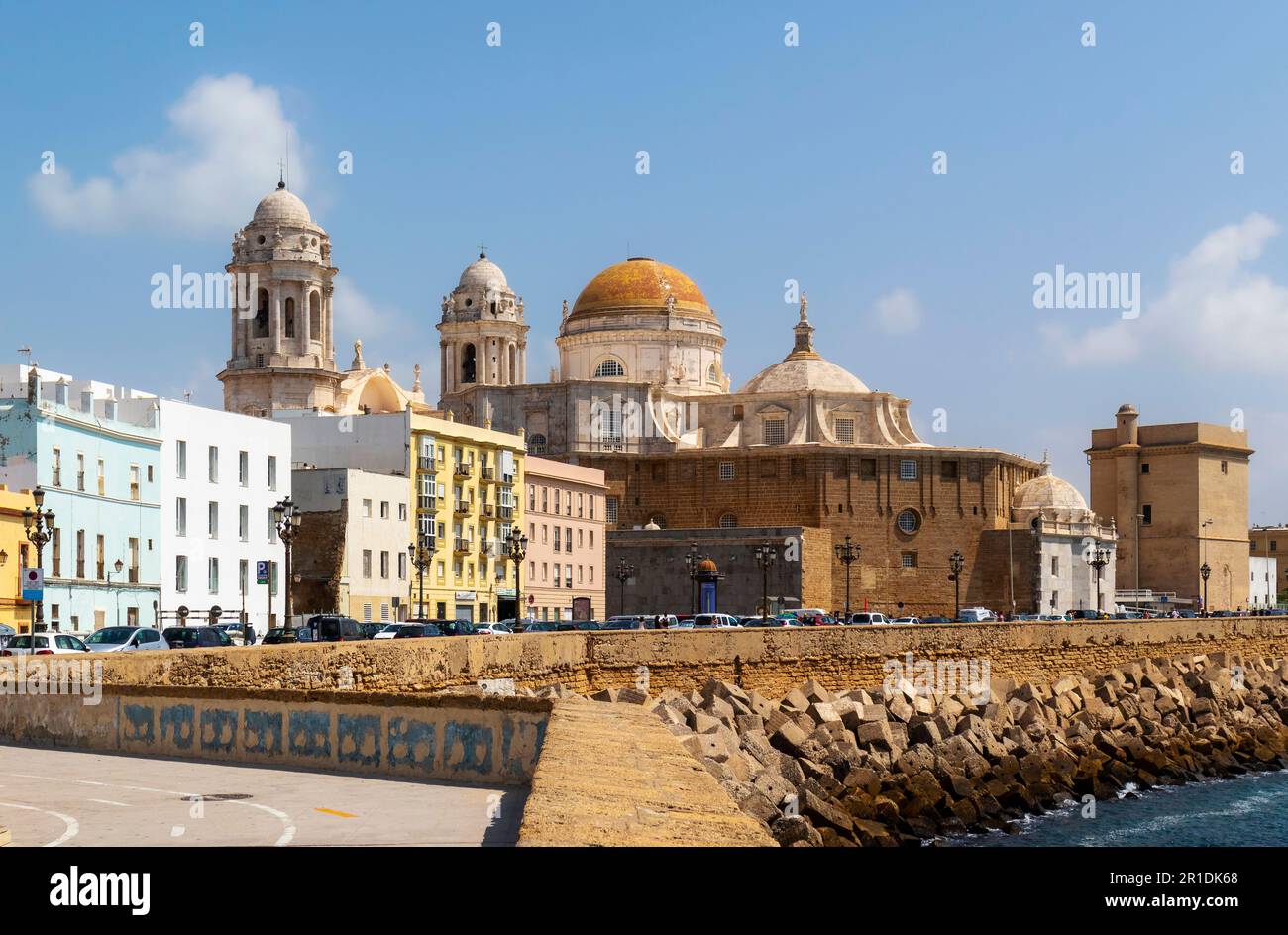 Die barocke Rokoko-Kathedrale von Santa Cruz de Cádiz von der Avenida Campo del Sur aus gesehen, Cádiz, Provinz Cádiz, Costa de la Luz, Andalusien, Spanien. Stockfoto