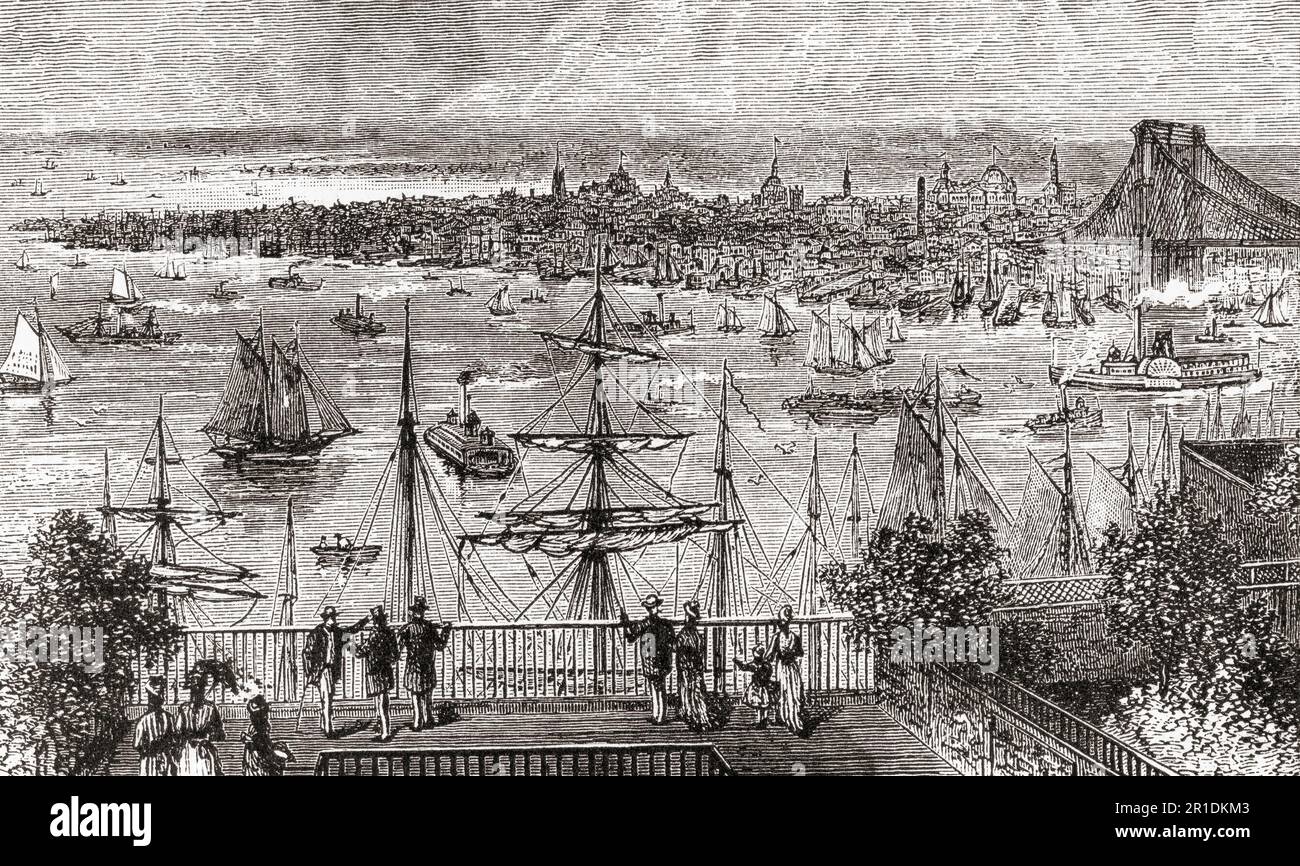 New York im 19. Jahrhundert, aus Brooklyn Heights gesehen. From America Revisited: From the Bay of New York to the Gulf of Mexico, veröffentlicht 1886. Stockfoto