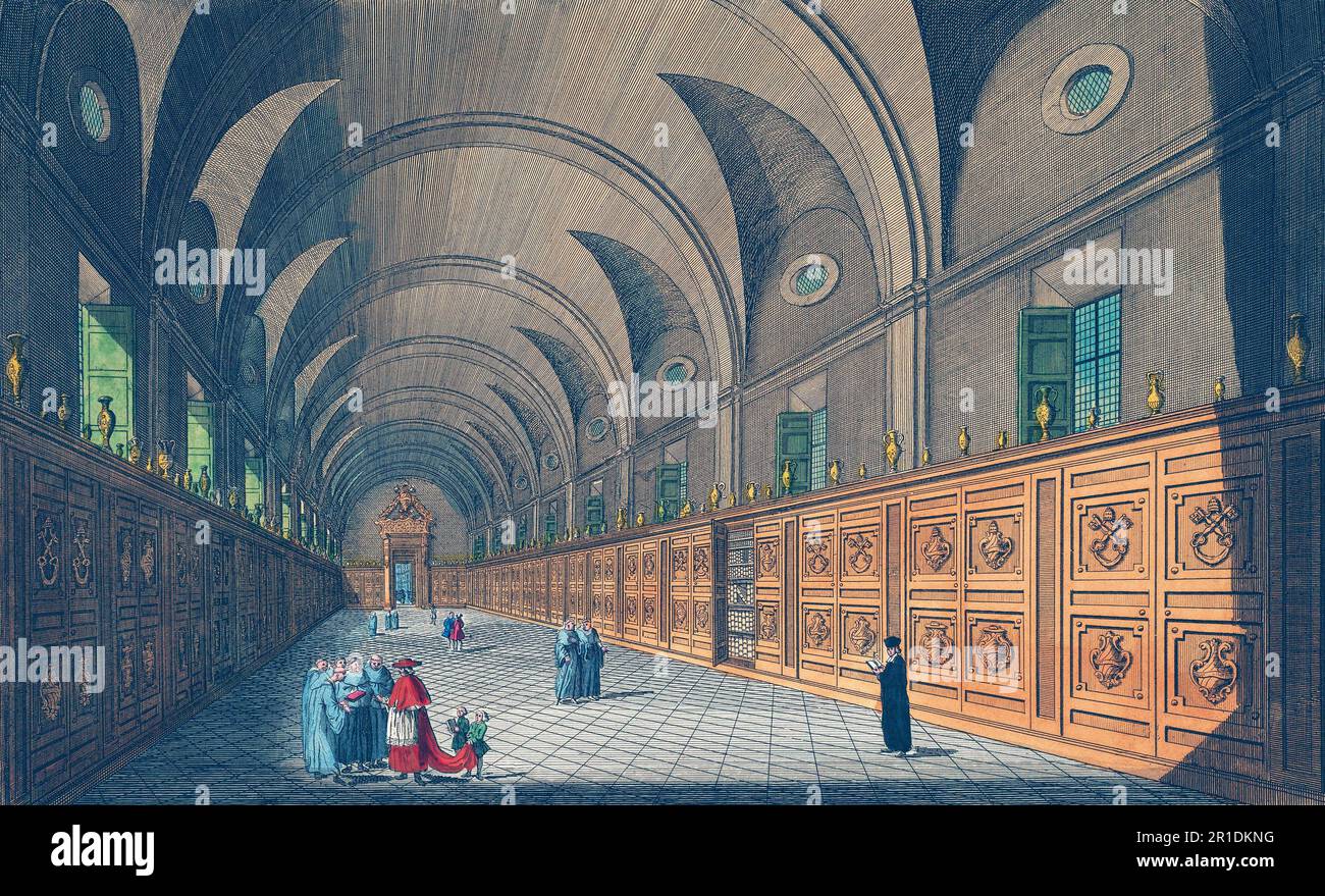 Die neue Galerie der Vatikanischen Bibliothek, Vatikanstadt. Aus einem Werk eines unbekannten Künstlers aus dem späten 18. Jahrhundert. Spätere Färbung. Stockfoto