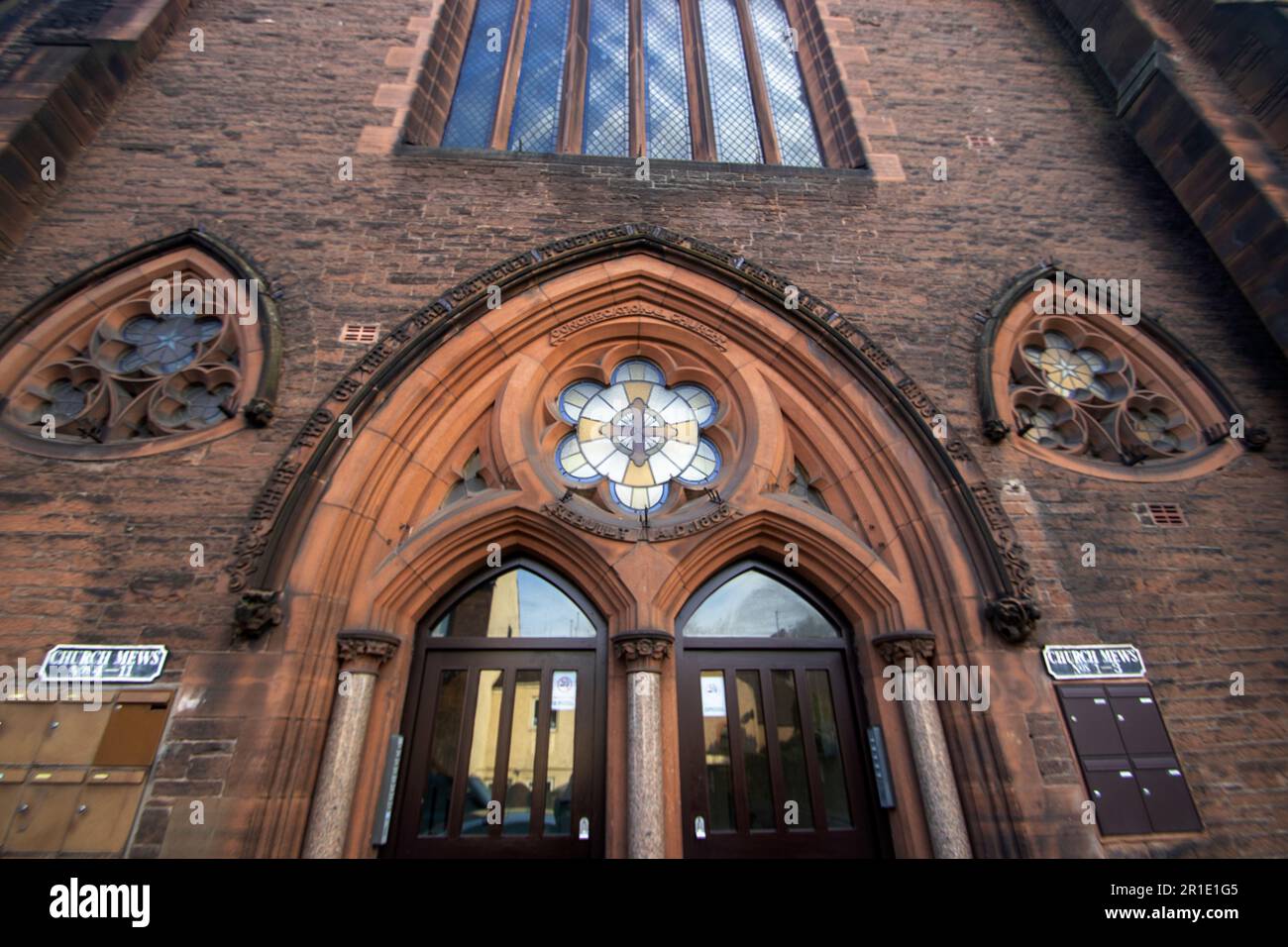 Der Eingang zur ehemaligen United Reformed Church in Penrith, Cumbria, Großbritannien Stockfoto