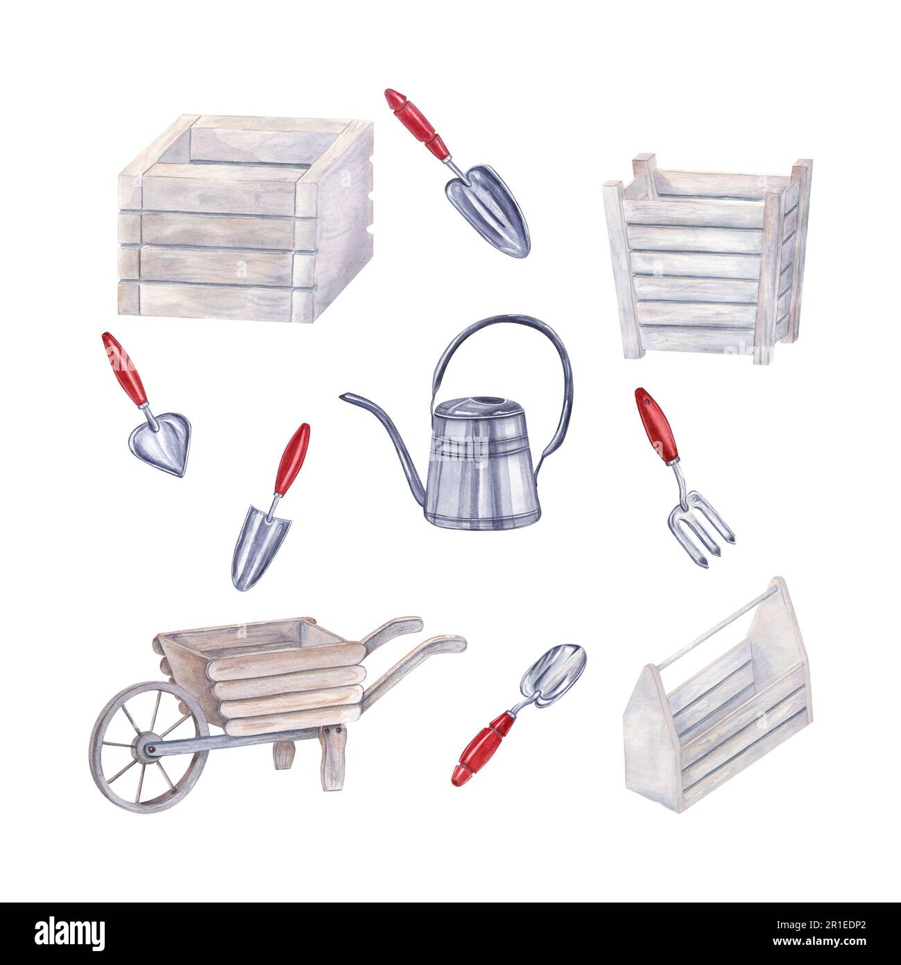 Aquarell-Darstellung von Gießkanne für Gartenwerkzeuge, Blumentöpfe aus Holz, Schubkarre, Werkzeugkasten, Handkellen, Gabel- isoliert auf weißem Hintergrund Stockfoto
