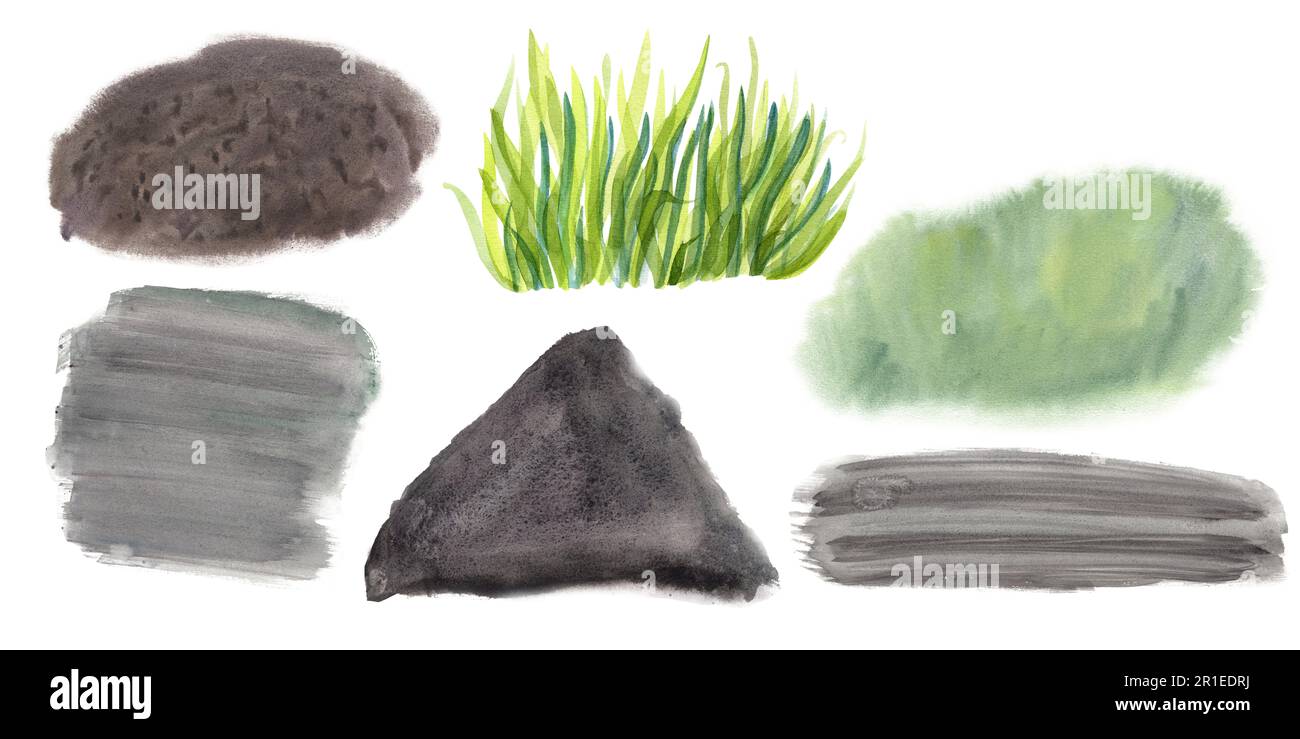 Aquarelle Texturen von Gras, Boden zum Pflanzen von Blumen isoliert auf weißem Hintergrund. Gebürsteter abstrakter Hintergrund. Abbildung für Hintergrund Stockfoto