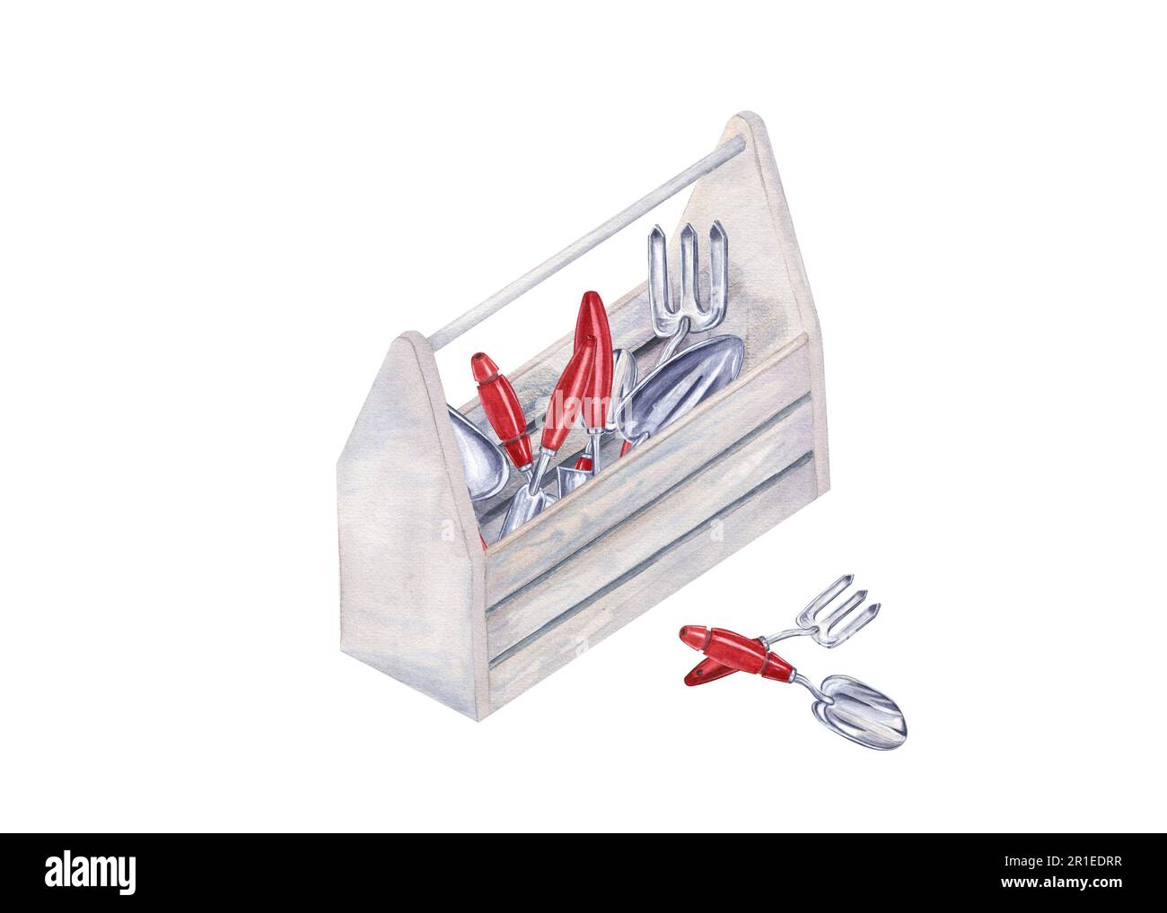 Wasserfarbene Gartenwerkzeuge in Holzkiste für Garten- und Blumenarbeiten isoliert auf weißem Hintergrund. Abbildung: Handglätter, Gabel, Kiste Stockfoto