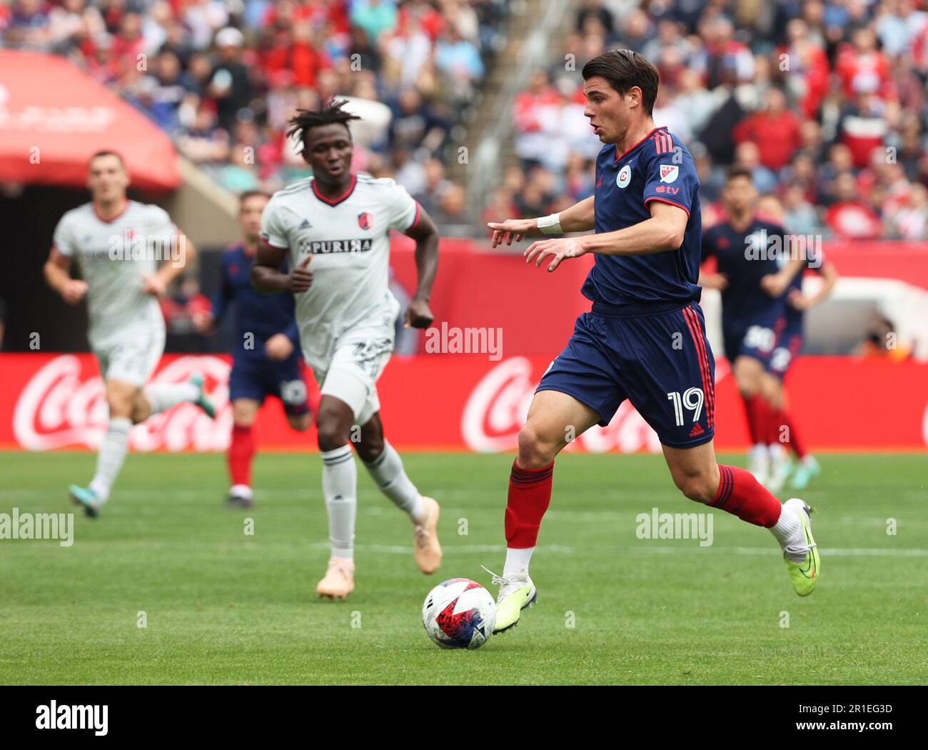 Chicago, USA, 13. Mai 2023. Georgios Koutsias (19) des Chicago Fire FC von Major League Soccer (MLS) spielt gegen St. Louis CITY SC während eines Spiels im Soldier Field in Chicago, IL, USA. Kredit: Tony Gadomski / All Sport Imaging / Alamy Live News Stockfoto
