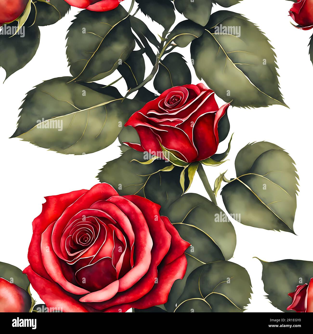 Rote Rosen, weißer Hintergrund, Wasserfarbe, nahtloses Muster Stockfoto