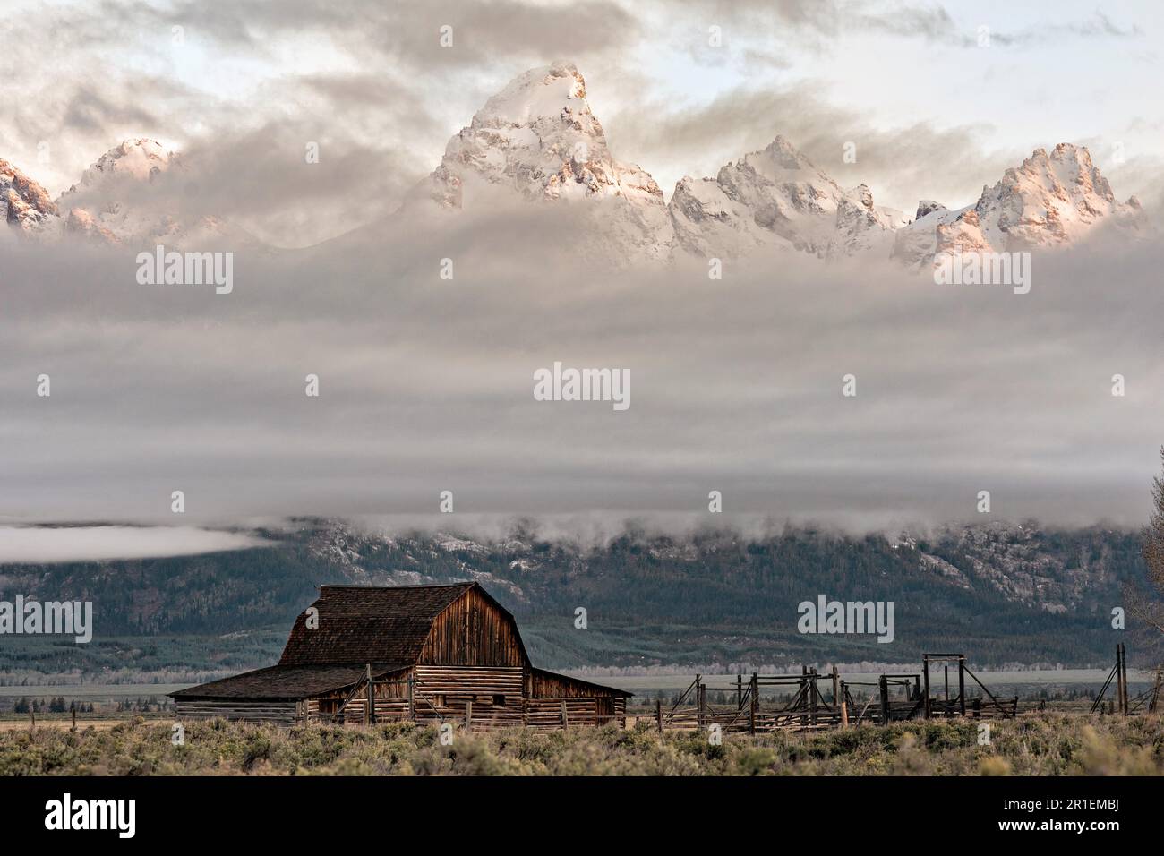 Die John Moulton Scheune im Mormon Row Historic District entlang der Antelope Flats mit den Grand Teton Bergen dahinter im Grand Teton National Park, Wyoming. Stockfoto