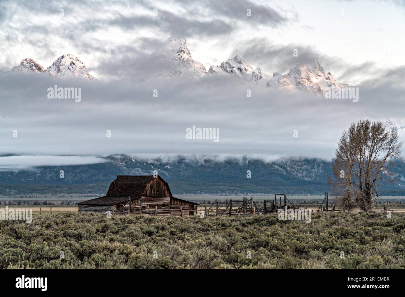 Die John Moulton Scheune im Mormon Row Historic District entlang der Antelope Flats mit den Grand Teton Bergen dahinter im Grand Teton National Park, Wyoming. Stockfoto