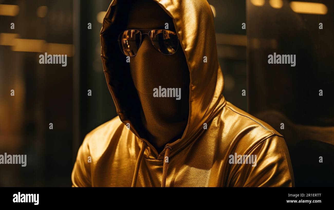 Anonymer Bitcoin-Schöpfer mit Satoshi Nakamoto Pseudonym. Abbildung einer anonymen Person mit goldenem Kapuzenpullover und Sonnenbrille. Stockfoto