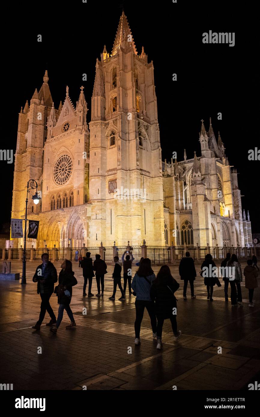 Leon-Kathedrale bei Nacht, Leon, Spanien Stockfoto